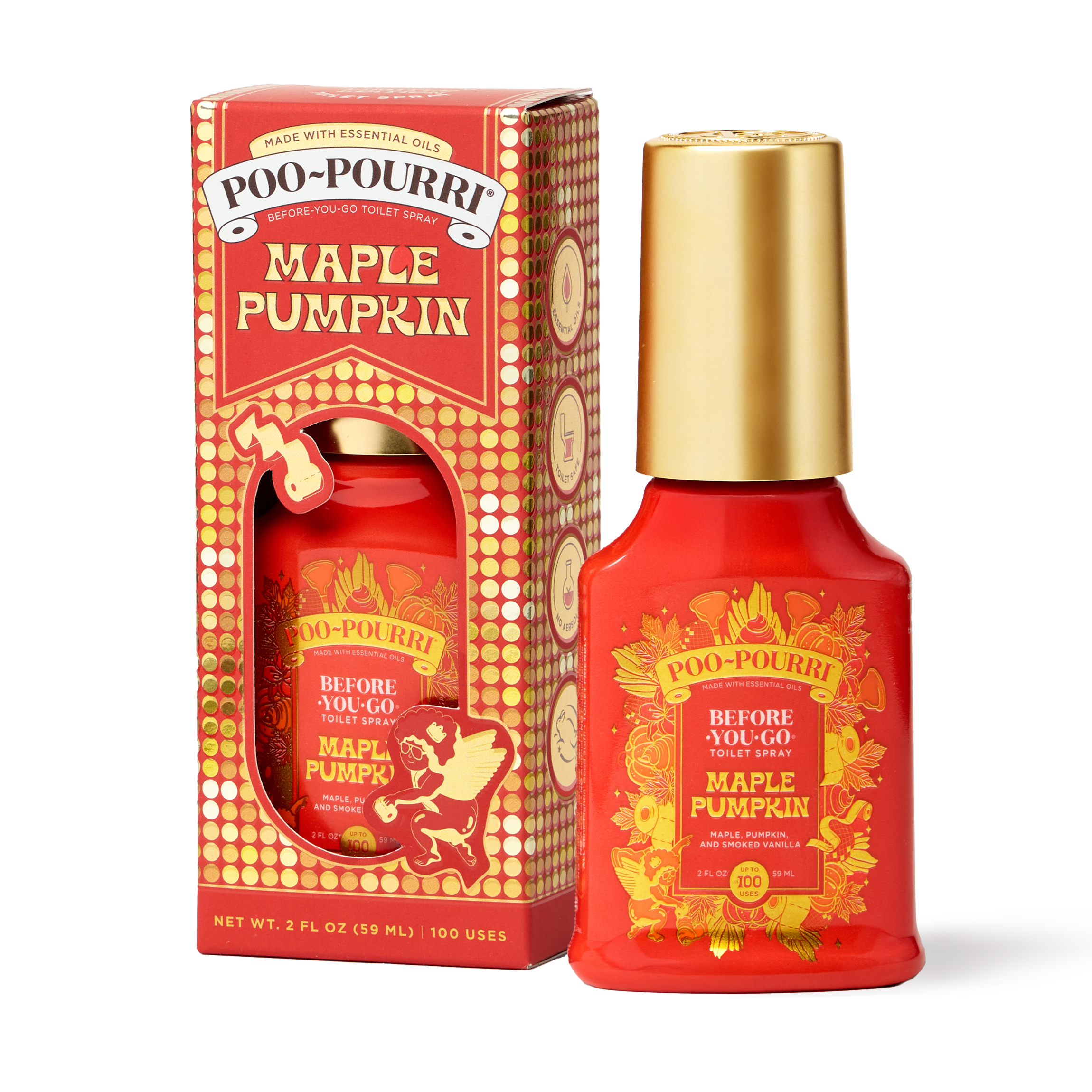 A ~Poo-Pourri “Before You Go” toilet spray in the Maple Pumpkin scent is displayed alongside its packaging against a white background. The bottle features an ornate label with cherubs, toilet paper, and fall elements. The packaging highlights key product benefits, including its ability to trap odors, the use of essential oils, and the absence of aerosols. The scent is described as a blend of maple, pumpkin, and smoked vanilla. The bottle contains 2 fl oz (59 ml) for up to 100 uses.