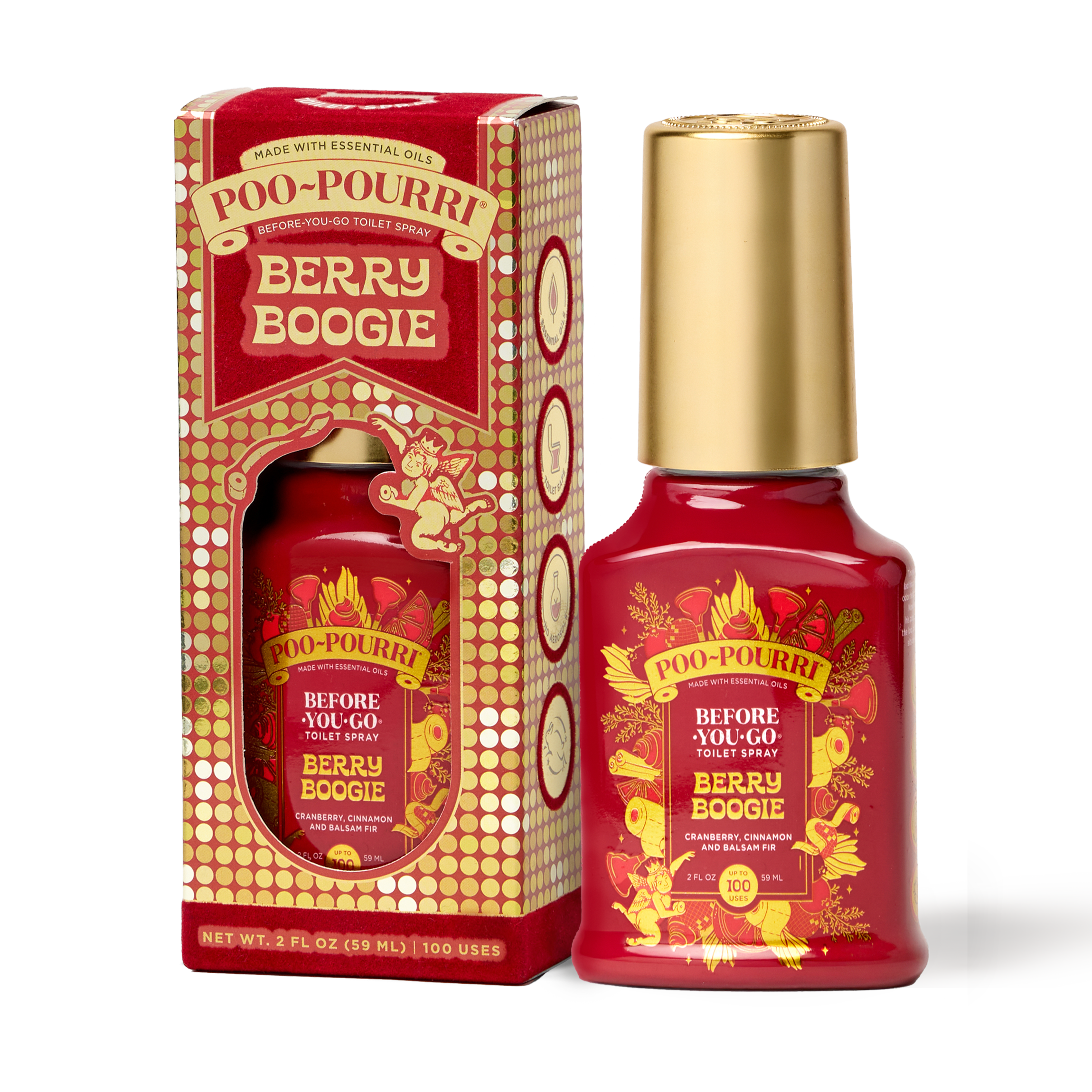 A ~Poo-Pourri “Before You Go” toilet spray in the Berry Boogie scent is displayed alongside its packaging against a white background. The bottle features an ornate label with cherubs, toilet paper, and holiday elements. The packaging highlights key product benefits, including its ability to trap odors, the use of essential oils, and the absence of aerosols. The scent is described as a blend of cranberry, cinnamon, and balsam fir. The bottle contains 2 fl oz (59 ml) for up to 100 uses.