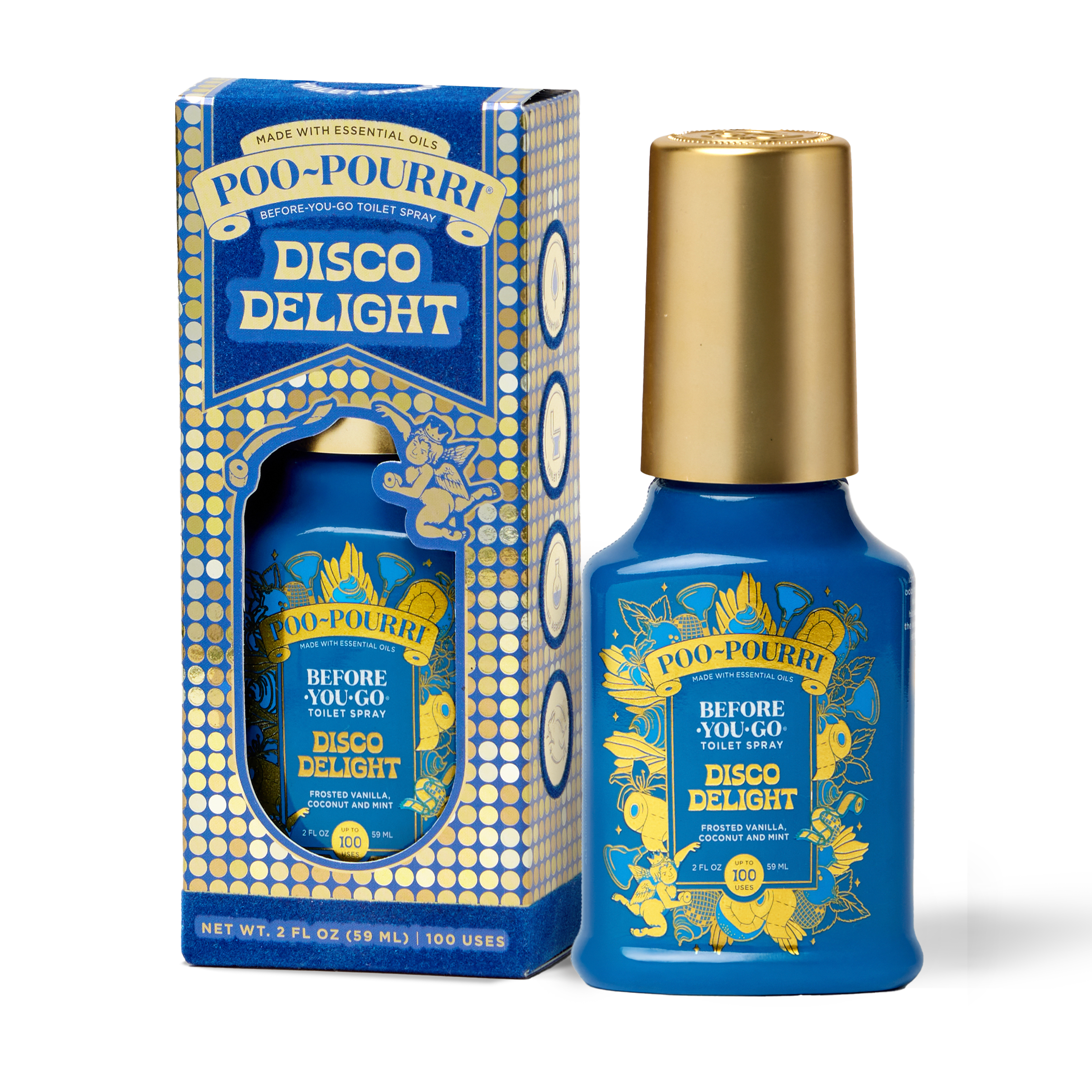 A ~Poo-Pourri “Before You Go” toilet spray in the Disco Delight scent is displayed alongside its packaging against a white background. The bottle features an ornate label with cherubs, toilet paper, and holiday elements. The packaging highlights key product benefits, including its ability to trap odors, the use of essential oils, and the absence of aerosols. The scent is described as a blend of frosted vanilla, coconut, and mint. The bottle contains 2 fl oz (59 ml) for up to 100 uses.