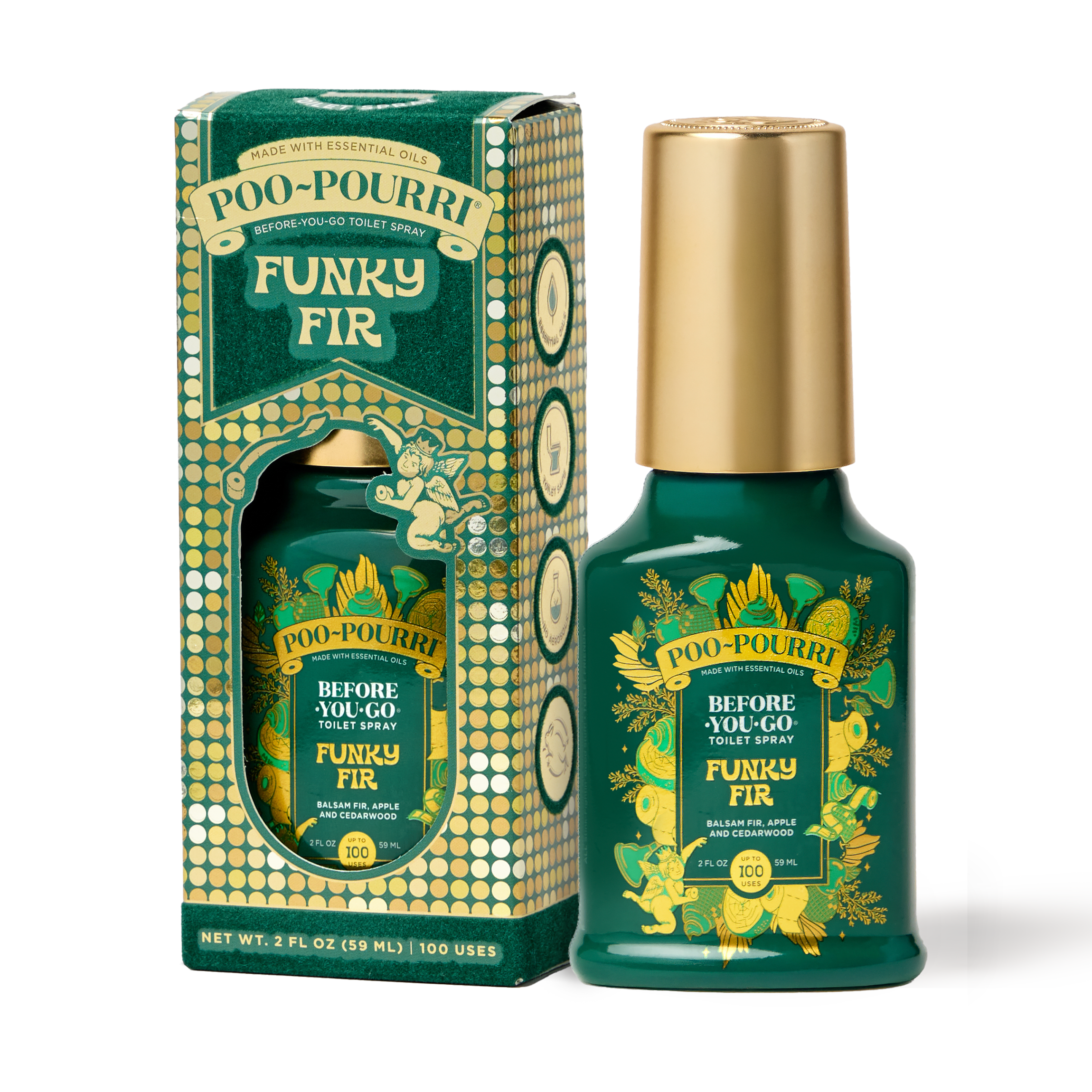 A ~Poo-Pourri “Before You Go” toilet spray in the Funky Fir scent is displayed alongside its packaging against a white background. The bottle features an ornate label with cherubs, toilet paper, and holiday elements. The packaging highlights key product benefits, including its ability to trap odors, the use of essential oils, and the absence of aerosols. The scent is described as a blend of balsam fir, apple, and cedarwood. The bottle contains 2 fl oz (59 ml) for up to 100 uses.