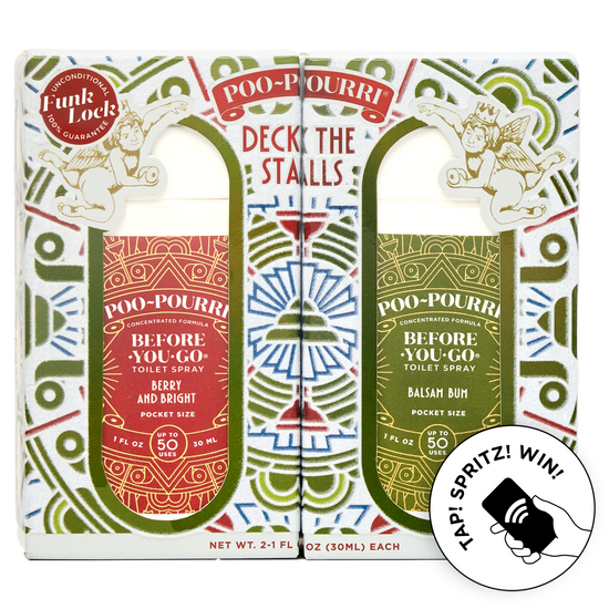 Two Poo-Pourri limited edition ‘Before You Go’ toilet sprays in colorful packaging. The left spray is labeled ‘Berry and Bright’ and the right is ‘Balsam Bum’. A ‘Funk Lock’ badge and ‘Tap! Spritz! Win!’ circle graphic are included.”