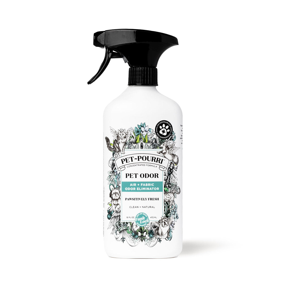 Pet-Pourri Pet Odor Freshener in Pawsitively Fresh scent, a natural air and fabric spray in a white bottle with a black nozzle.