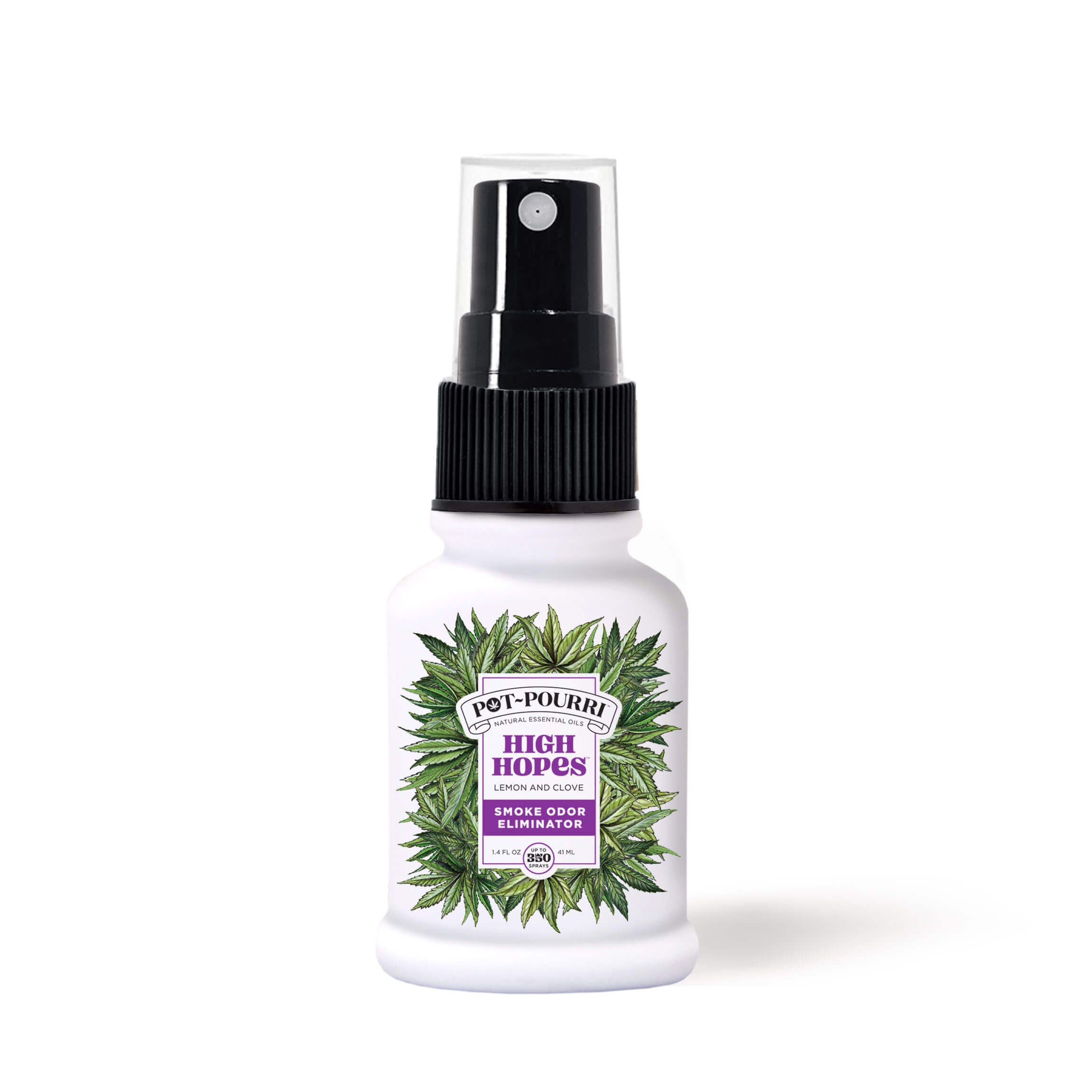 Pot-Pourri High Hopes smoke odor freshener spray with lemon and clove scent, designed to neutralize smoke odors naturally.