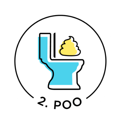 Explore the playful illustration of a cartoon toilet paired with a cheerful poop emoji, prominently marked with 2. POO in a whimsical circular design.