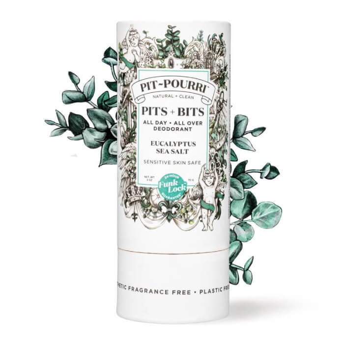 This white cylindrical deodorant stick, adorned with leafy illustrations, carries the refreshing label Pit~Pourri Pits + Bits Eucalyptus Sea Salt. Perfect for those who appreciate a touch of coastal serenity in their daily routine.