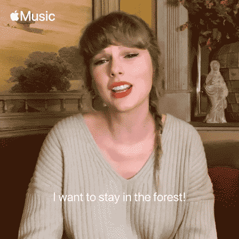A person with braided hair radiates excitement about their forest retreat, accompanied by the soothing presence of the Apple Music logo in the corner.