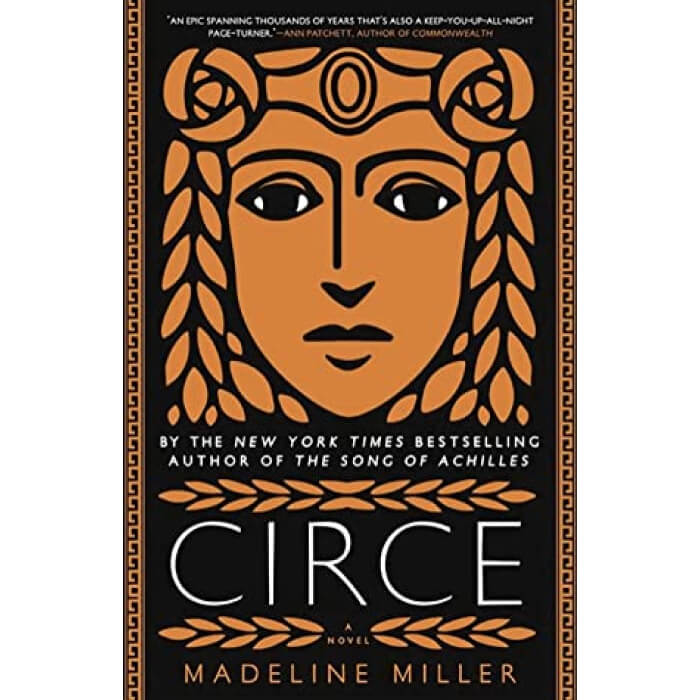 Book cover of Circe by Madeline Miller featuring a stylized Greek-style face adorned with a laurel motif, capturing the essence of ancient mythology.