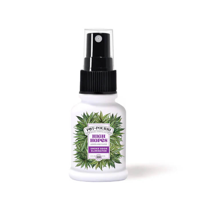 A small spray bottle labeled High Hopes, adorned with leaf illustrations, designed to refresh your space.
