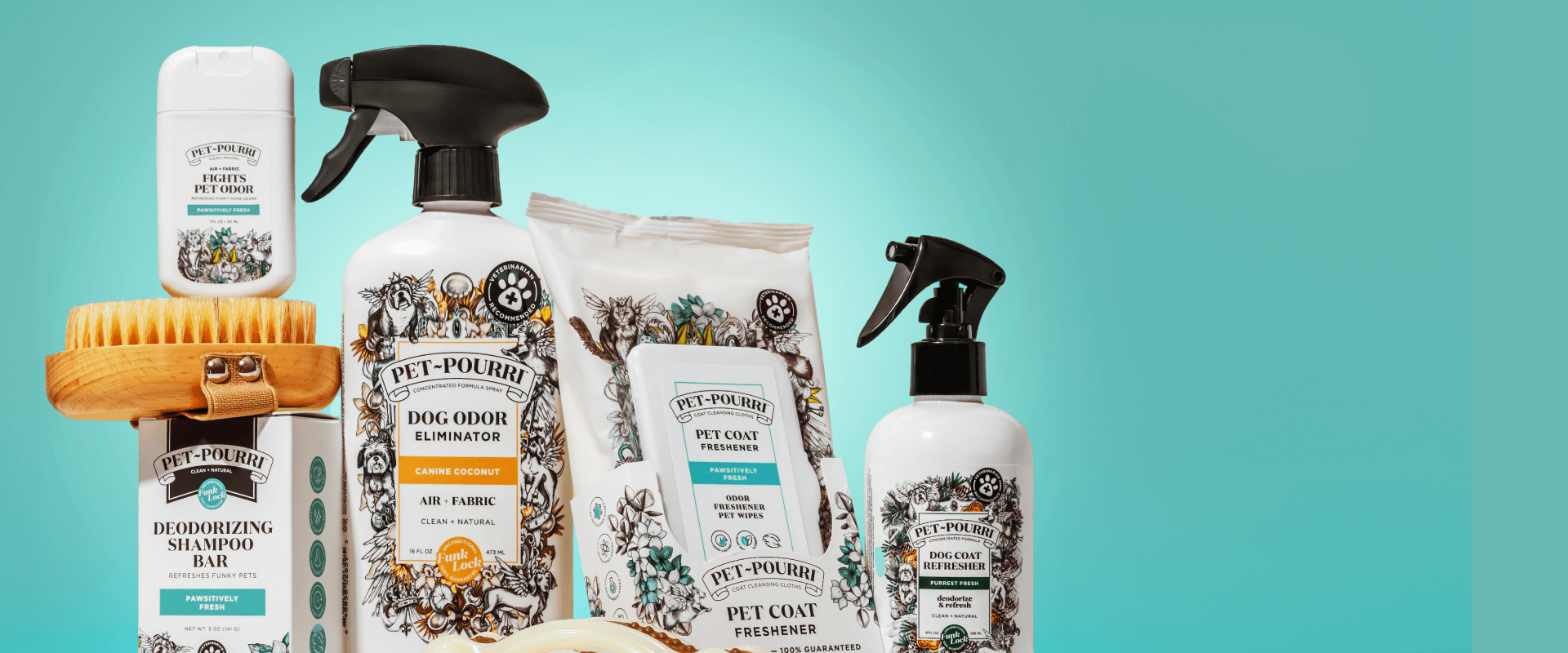 Pet-Pourri pet care products displayed against a teal gradient background. The collection includes a deodorizing shampoo bar, dog odor freshener spray, pet coat freshener wipes, dog coat refresher spray, and a grooming brush. The packaging features intricate floral and animal-themed illustrations, emphasizing natural, pet-safe ingredients.