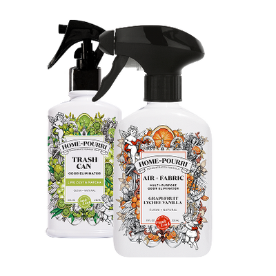 Home~Pourri Trash Can Lime Zest and Matcha, and Grapefruit Lychee Vanilla Spray bottles.