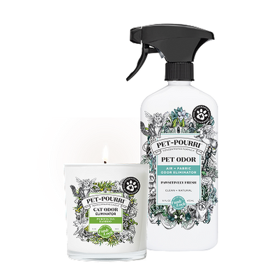 Pet~Pourri Pawsitiveley Fresh odor freshener spray bottle and Purrfectly Bamboo Candle.