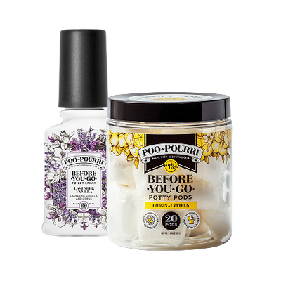 Poo~Pourri Lavender Vanilla spray and Original Citrus Potty Pods.
