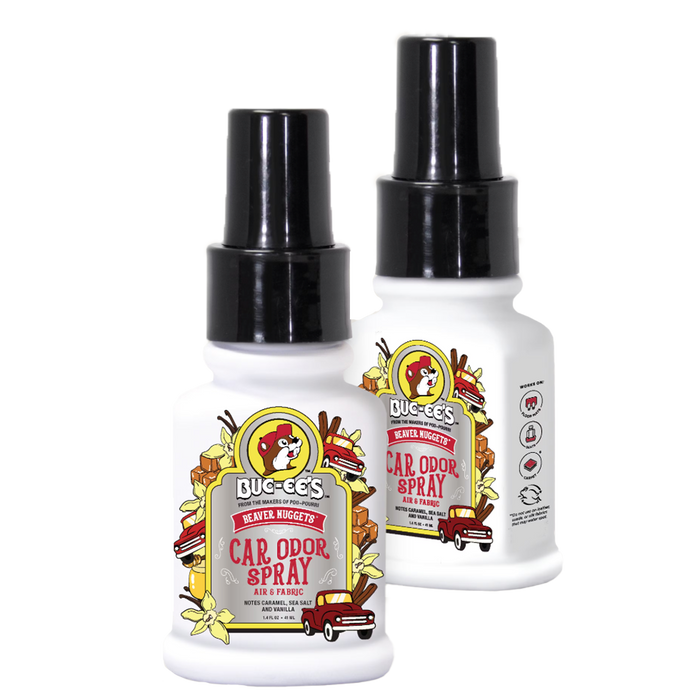Two bottles of Car~Pourri Buc-ee's Beaver Nuggets car odor spray.