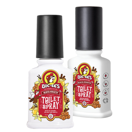 Two bottles of Poo~Pourri Buc-ee's Beaver Nuggets toilet spray.
