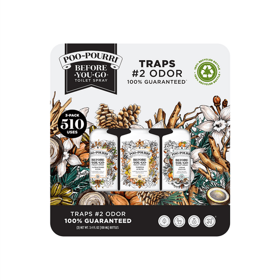 Poo-Pourri toilet sprays 3 pack, sandalwood suede, whipped almond, and cedar balsam