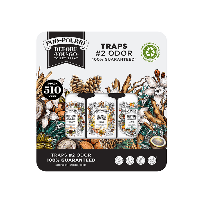 Poo-Pourri toilet sprays 3 pack, sandalwood suede, whipped almond, and cedar balsam