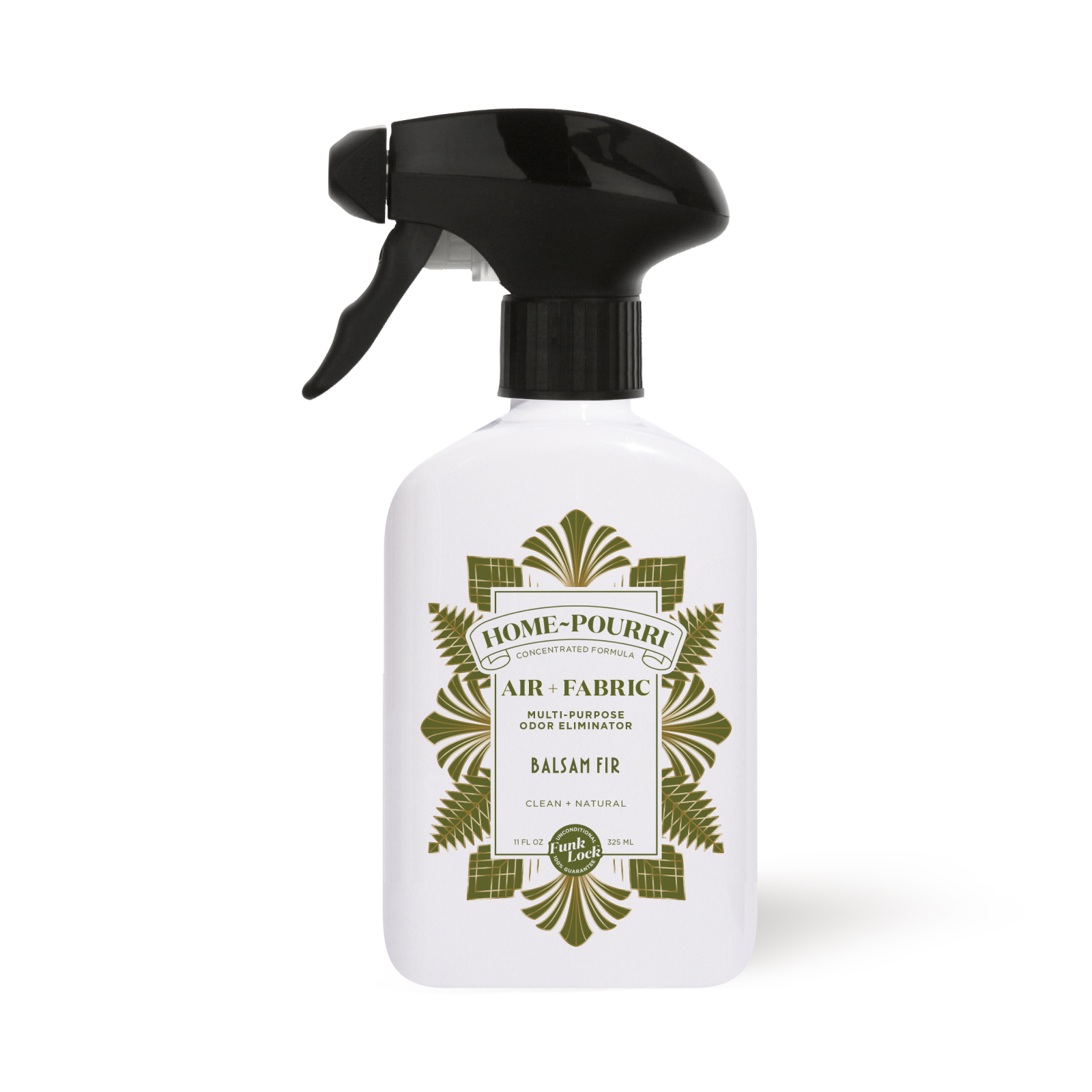 The limited edition Balsam Fir - Home~Pourri Room Spray by ~Pourri comes in a white spray bottle with a black nozzle and green design. It offers a refreshing, tree-like scent infused with essential oils.