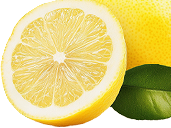 sliced lemon with a whole lemon and green leaf