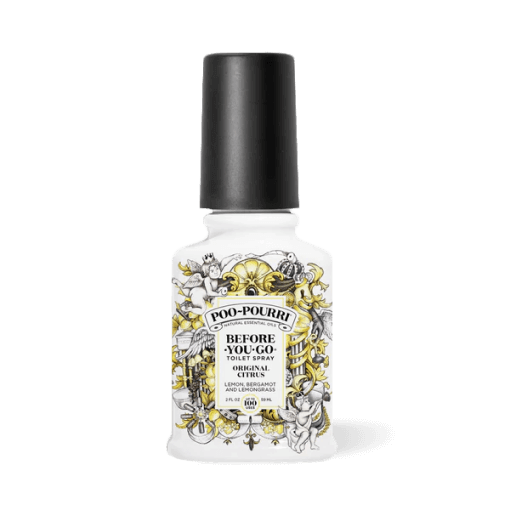 Poo-Pourri Before-You-Go toilet spray in Original Citrus scent, featuring a blend of lemon, bergamot, and lemongrass with decorative gold-accented illustrations.