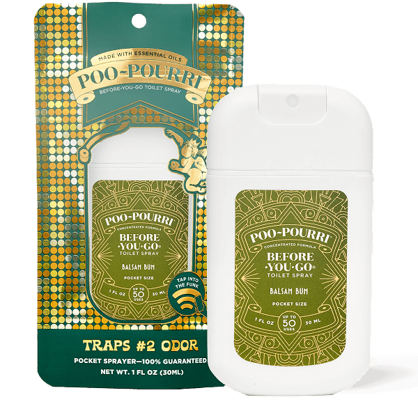 Try the 1 fl oz Balsam Bum Pocket Sprayer from ~Pourri. This Poo~Pourri Toilet Spray, infused with essential oils, traps odors before they begin, keeping your bathroom fresh. Its compact bottle design makes it perfect for discreet use