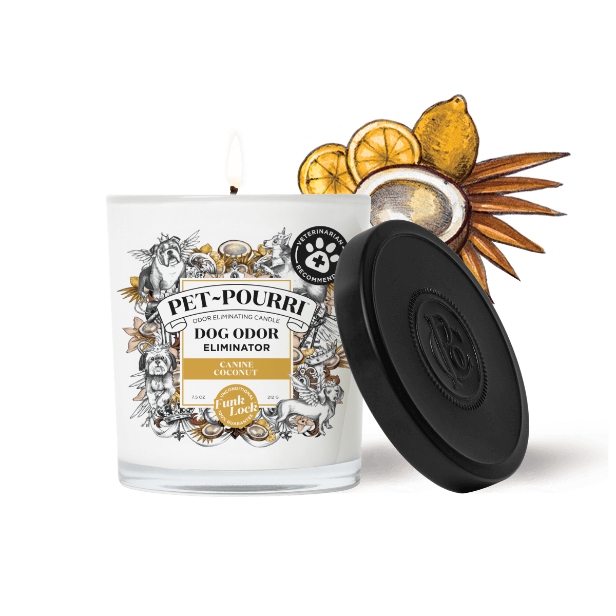Pet-Pourri Dog Odor Freshener Candle in Canine Coconut scent, featuring a 7.5 oz (212 g) white candle in a decorative glass jar with intricate dog-themed illustrations. The candle is lit, and the black lid is placed beside it. Infused with Funk Lock™ technology, this veterinarian-recommended candle helps neutralize pet odors with a clean and natural coconut-based fragrance.
