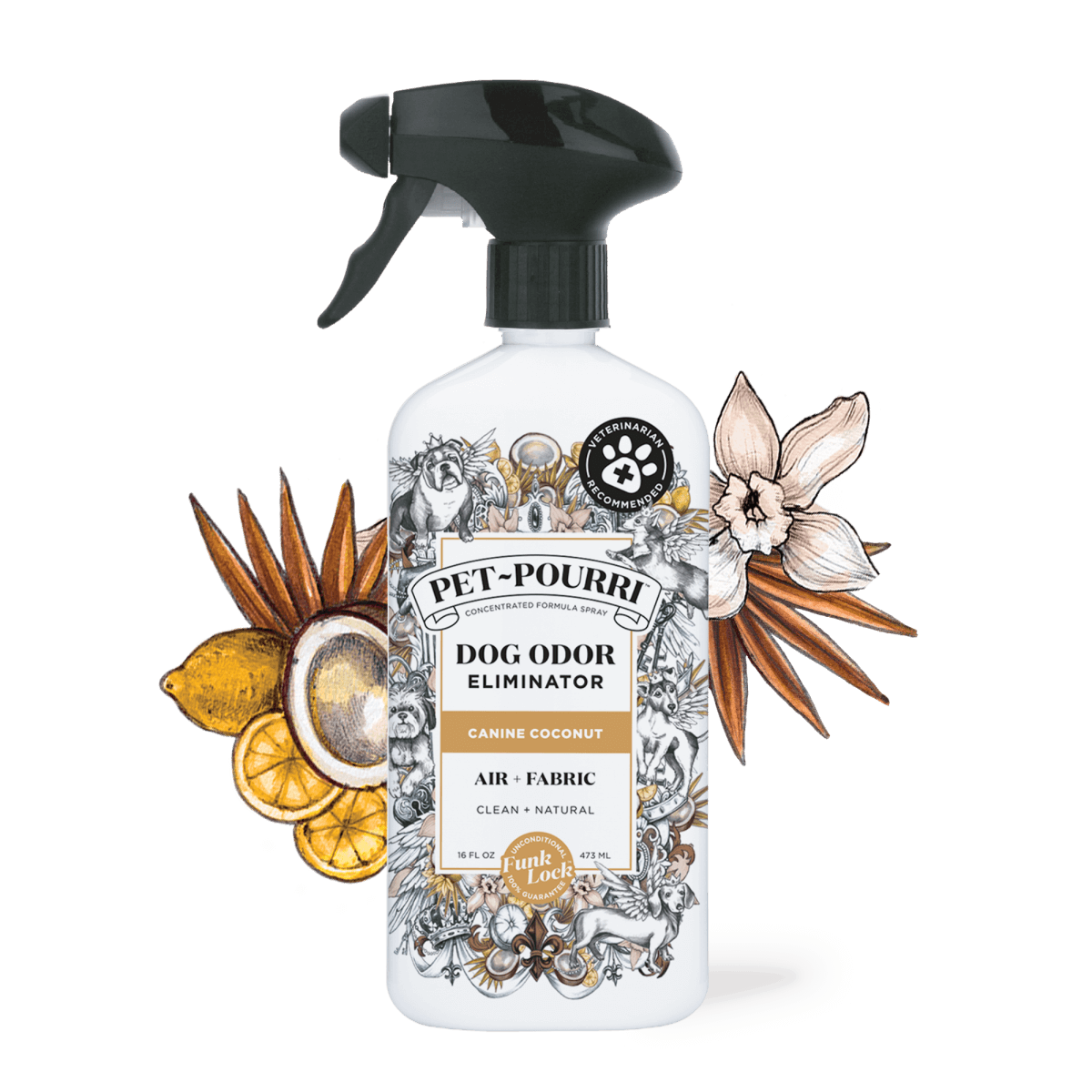 Pet-Pourri Dog Odor Freshener spray in Canine Coconut scent, featuring a 16 fl oz (475 mL) bottle with a black spray nozzle. The packaging is decorated with intricate dog illustrations and botanical elements, including coconut, vanilla, and citrus. Designed for use on air and fabric, this veterinarian-recommended formula uses Funk Lock™ technology for clean and natural odor freshening.