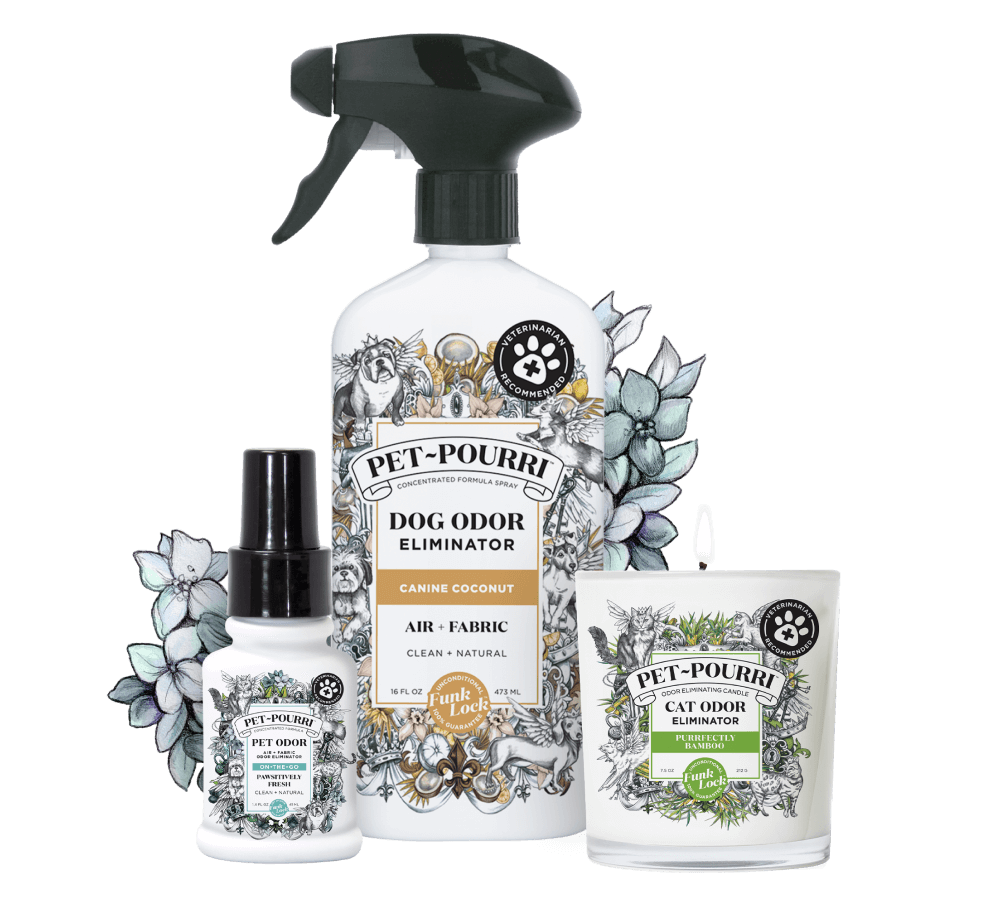 Pet-Pourri odor freshener collection featuring Dog Odor Freshener spray in Canine Coconut, Cat Odor Freshener candle in Purrfectly Bamboo, and Pet Odor Freshener spray. White packaging with pet-themed illustrations, Funk Lock™ technology, and botanical accents.