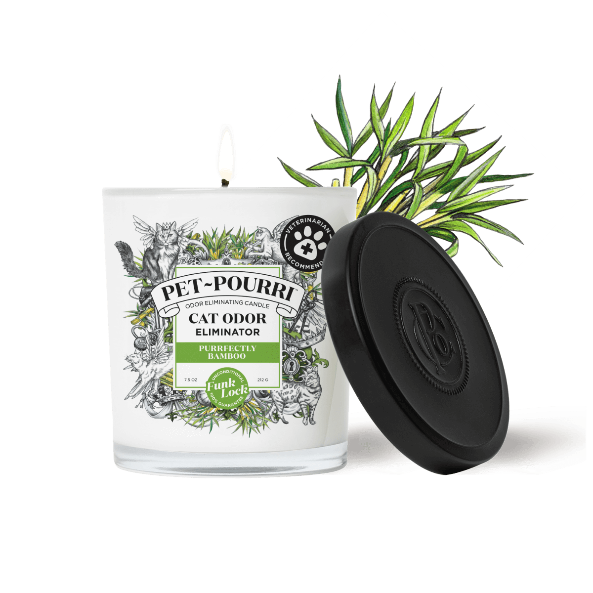 Pet-Pourri Cat Odor Freshener candle in Purrfectly Bamboo scent, 7.5 oz with a burning wick. White jar with cat-themed illustrations, green bamboo accents, black lid, and Funk Lock™ technology.