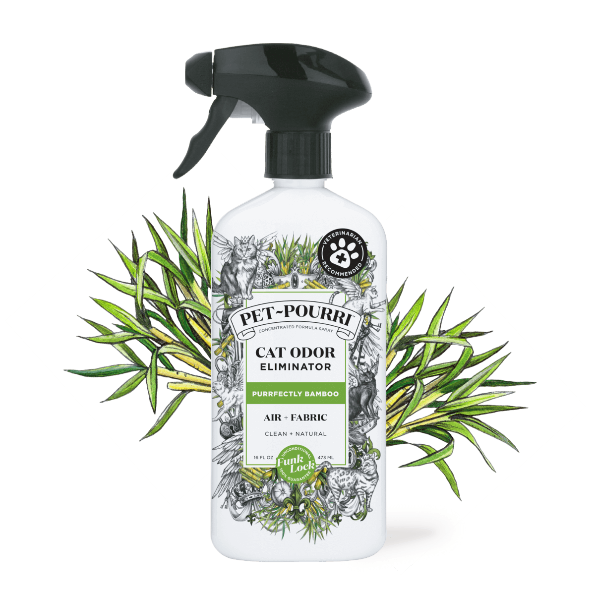 Pet-Pourri Cat Odor Freshener spray in Purrfectly Bamboo scent, 16 fl oz bottle with a black spray nozzle. Features cat-themed illustrations and bamboo accents, designed for air and fabric odor removal with Funk Lock™ technology.