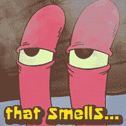 A cartoon character with raised eyebrows and half-closed eyes, surrounded by a playful wisp of aroma, says that smells... in bright yellow text.