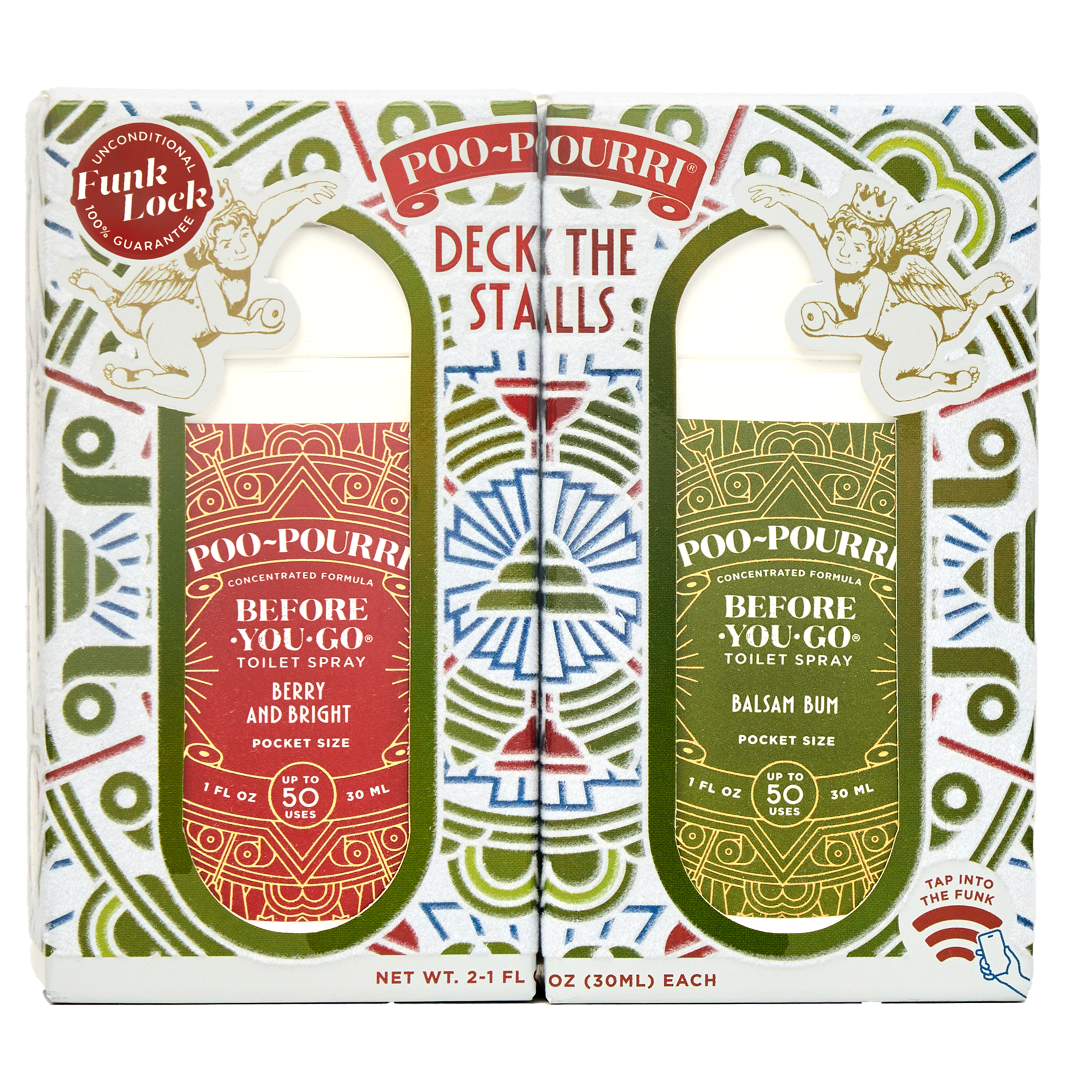 Poo-Pourri Deck The Stalls set with green, blue, and red packaging with two pocket-sized bottles on a decorative box.