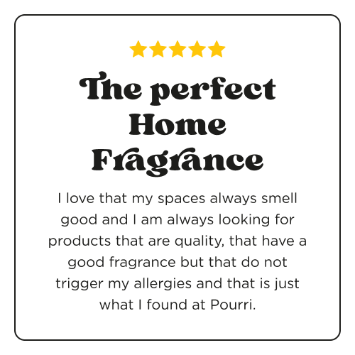 Customer review graphic with five gold stars and the headline “The perfect Home Fragrance” in bold, decorative font. The review text says: