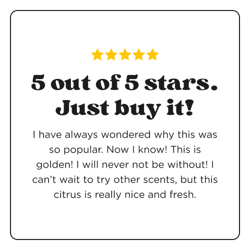 Customer review graphic with five gold stars and the headline “5 out 5 stars. Just buy it!” in bold, decorative font. The review text says: