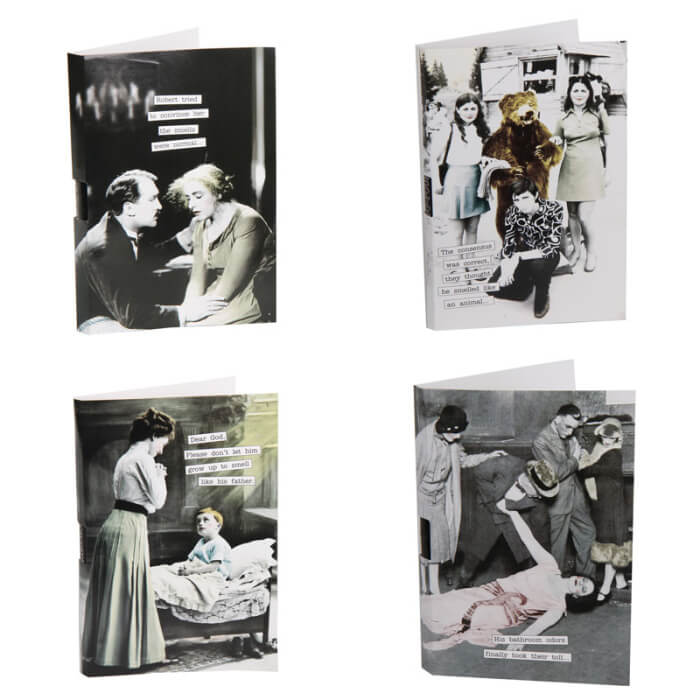 Four witty cards featuring vintage photos and cheeky captions, perfect for adding a touch of humor to any occasion.