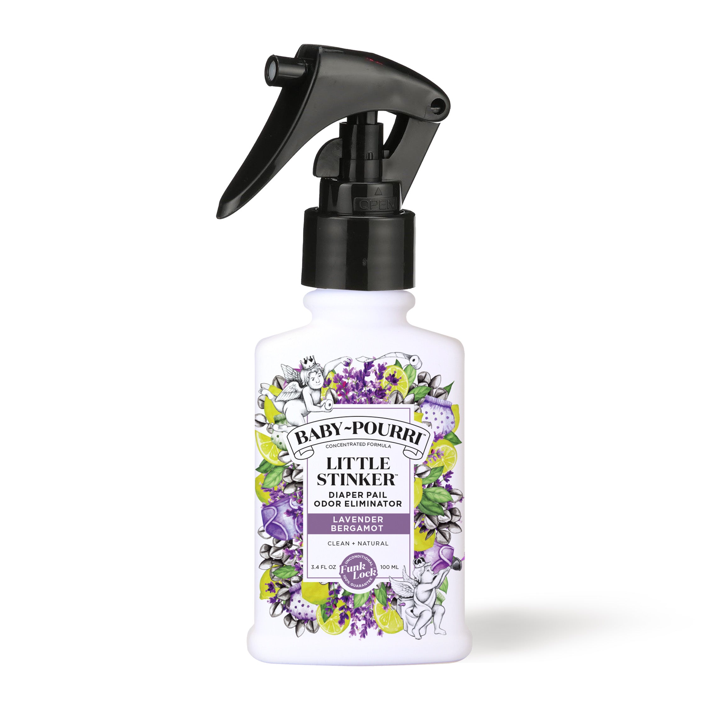 A ~Baby-Pourri Little Stinker Diaper Pail Odor refresher in the Lavender Bergamot scent is displayed against a white background. The bottle has an intricate design with cherubs, toilet paper, and lavender elements, highlighting the ingredients.