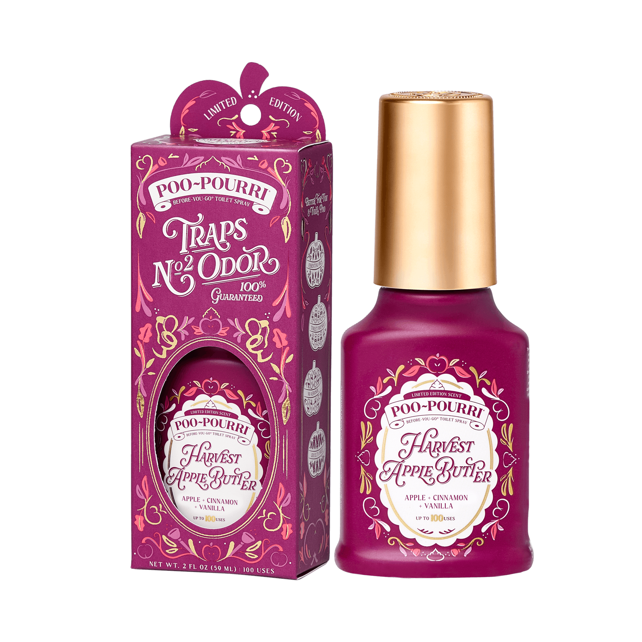 ~Poo-Pourri “Before You Go” toilet spray in the Harvest Apple Butter scent is displayed alongside its packaging against a white background. The bottle features an ornate label with apples, and fall elements. The packaging highlights key product benefits, including its ability to trap odors, the use of essential oils, and the absence of aerosols. The scent is described as a blend of apple, cinnamon, and vanilla. The bottle contains 2 fl oz (59 ml) for up to 100 uses.