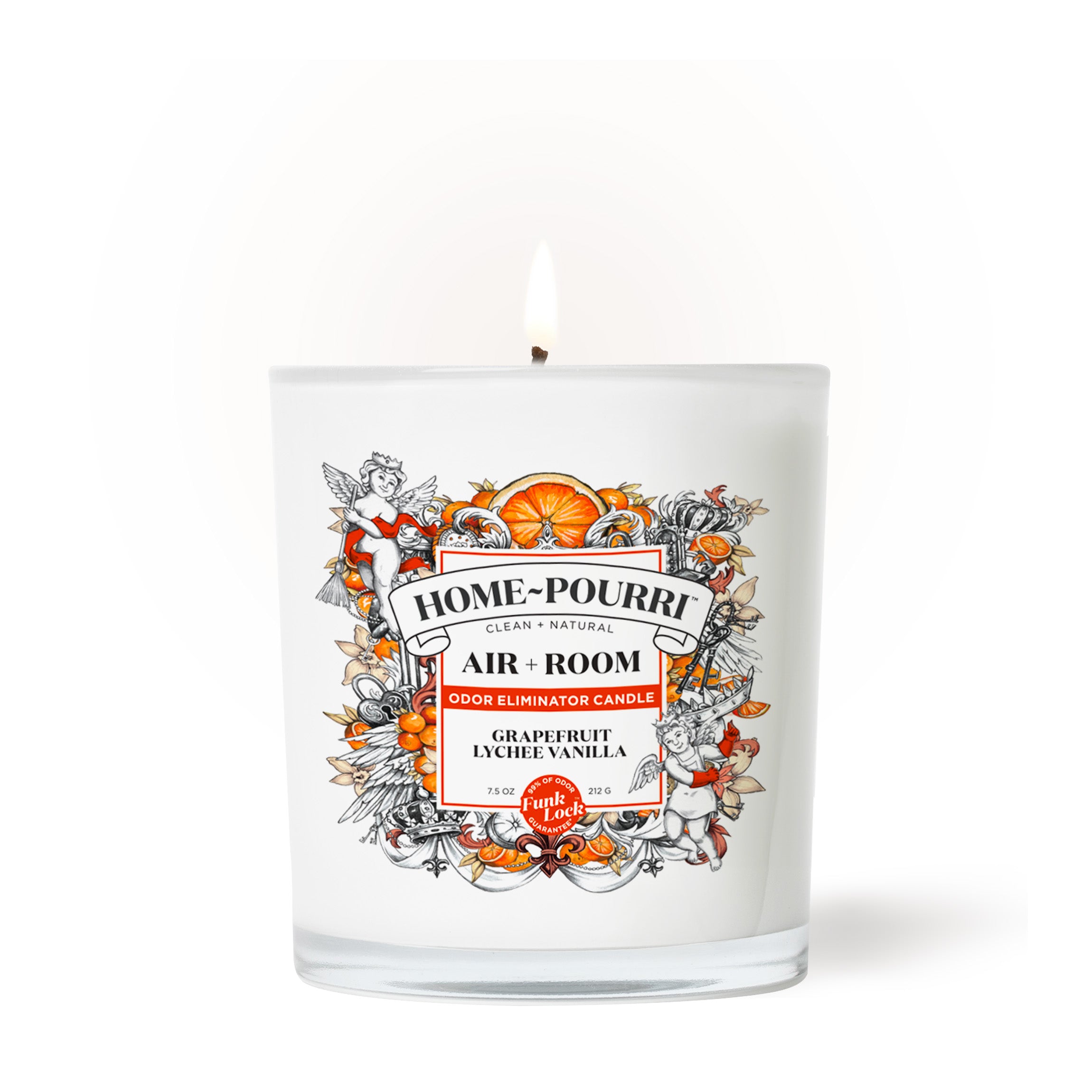 The grapefruit Lychee Vanilla Candle by ~Pourri features a white candle in a glass jar with a floral label and black lid. Lit with a small flame, it emits a calming fruity scent infused with essential oils.