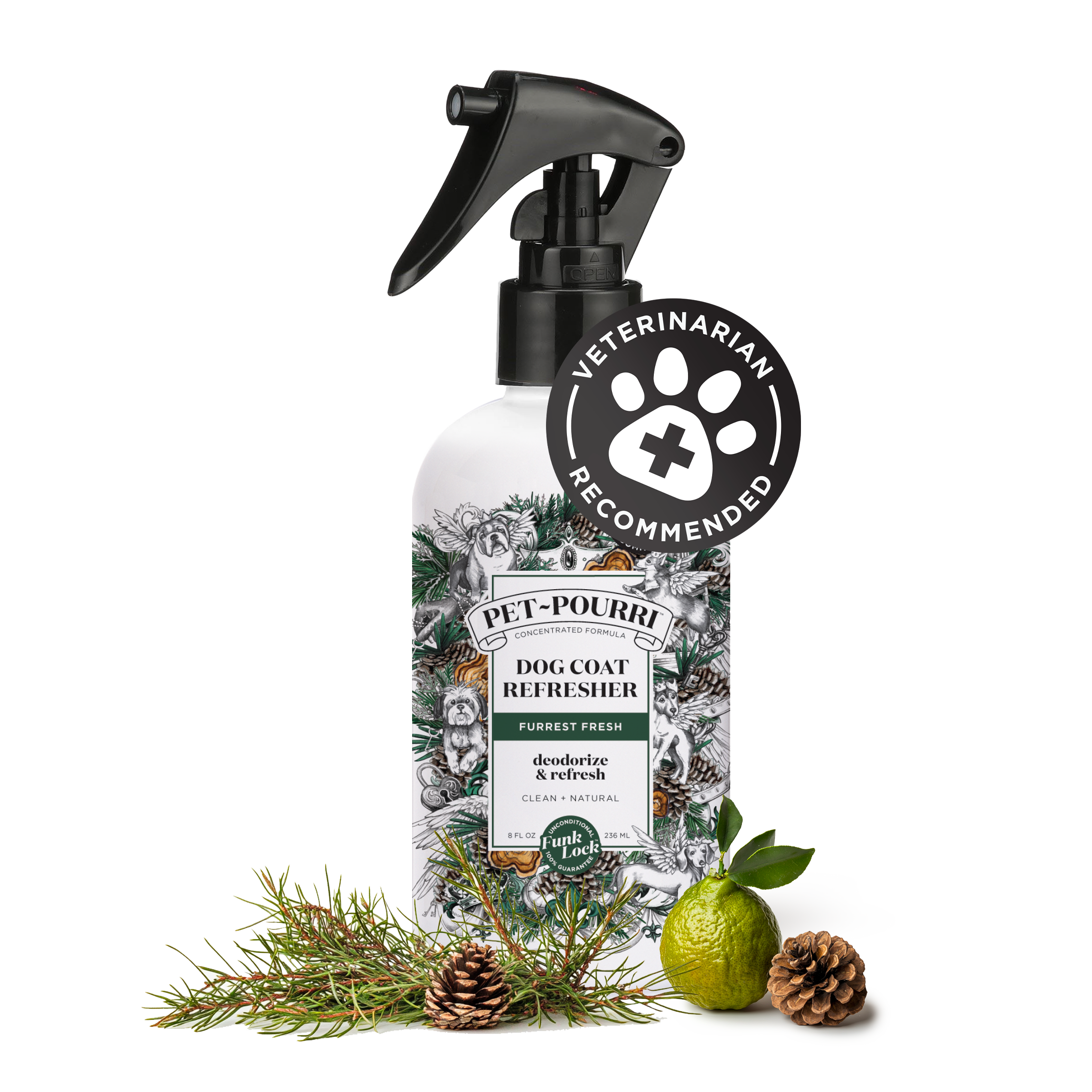 Spray bottle labeled Dog Coat Refresher - Pet~Pourri from ~Pourri, featuring a detailed illustration of plants and animals and using pet-safe essential oils to effectively freshen odors.