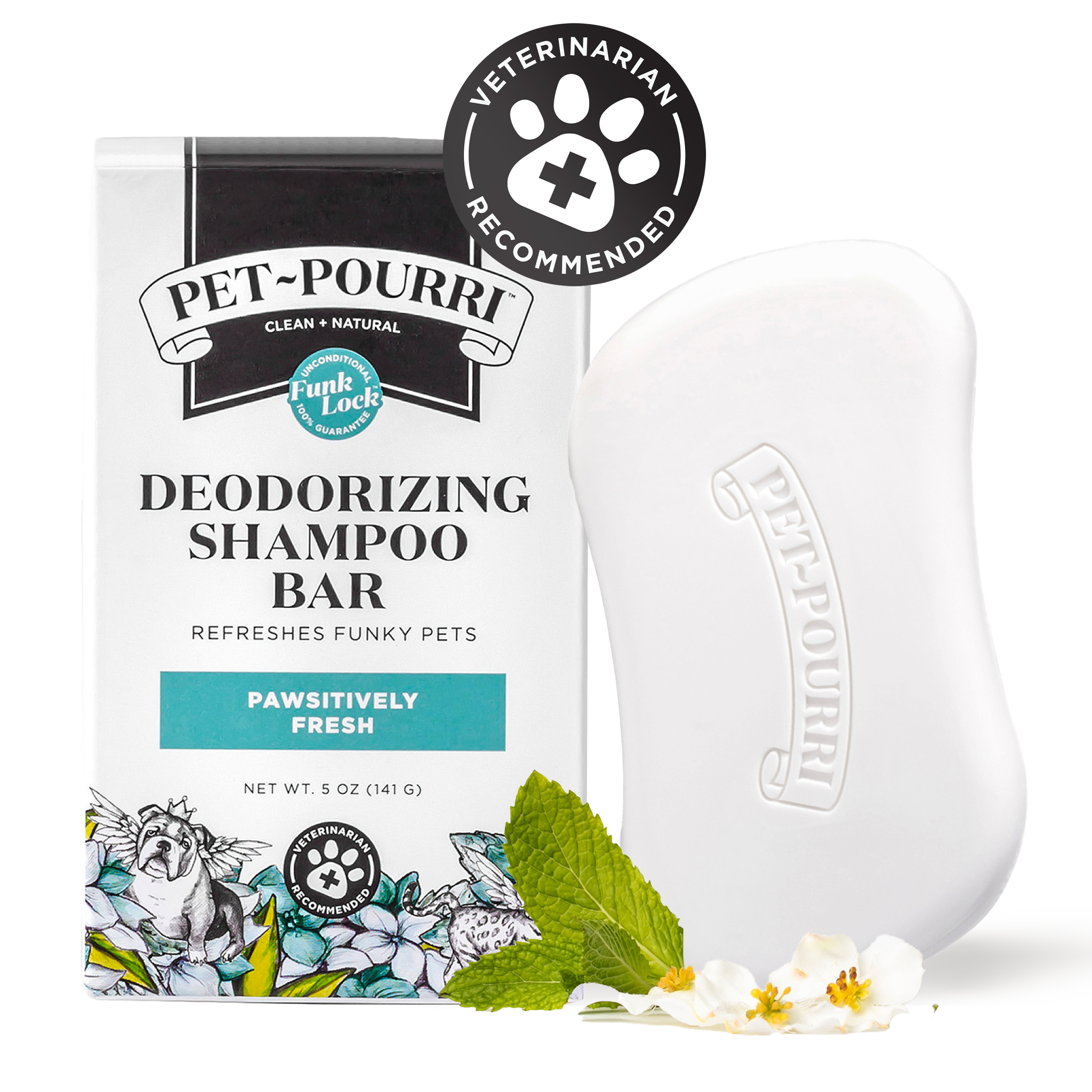 Pet-Pourri Deodorizing Shampoo Bar for pets, labeled ‘Pawsitively Fresh.’ The packaging features a black-and-white design with illustrated dogs and botanical elements. A white, ergonomically shaped shampoo bar with the ‘Pet-Pourri’ logo embossed is displayed beside the box. A ‘Veterinarian Recommended’ badge is positioned at the top, and fresh mint leaves and white flowers are arranged in front of the product.
