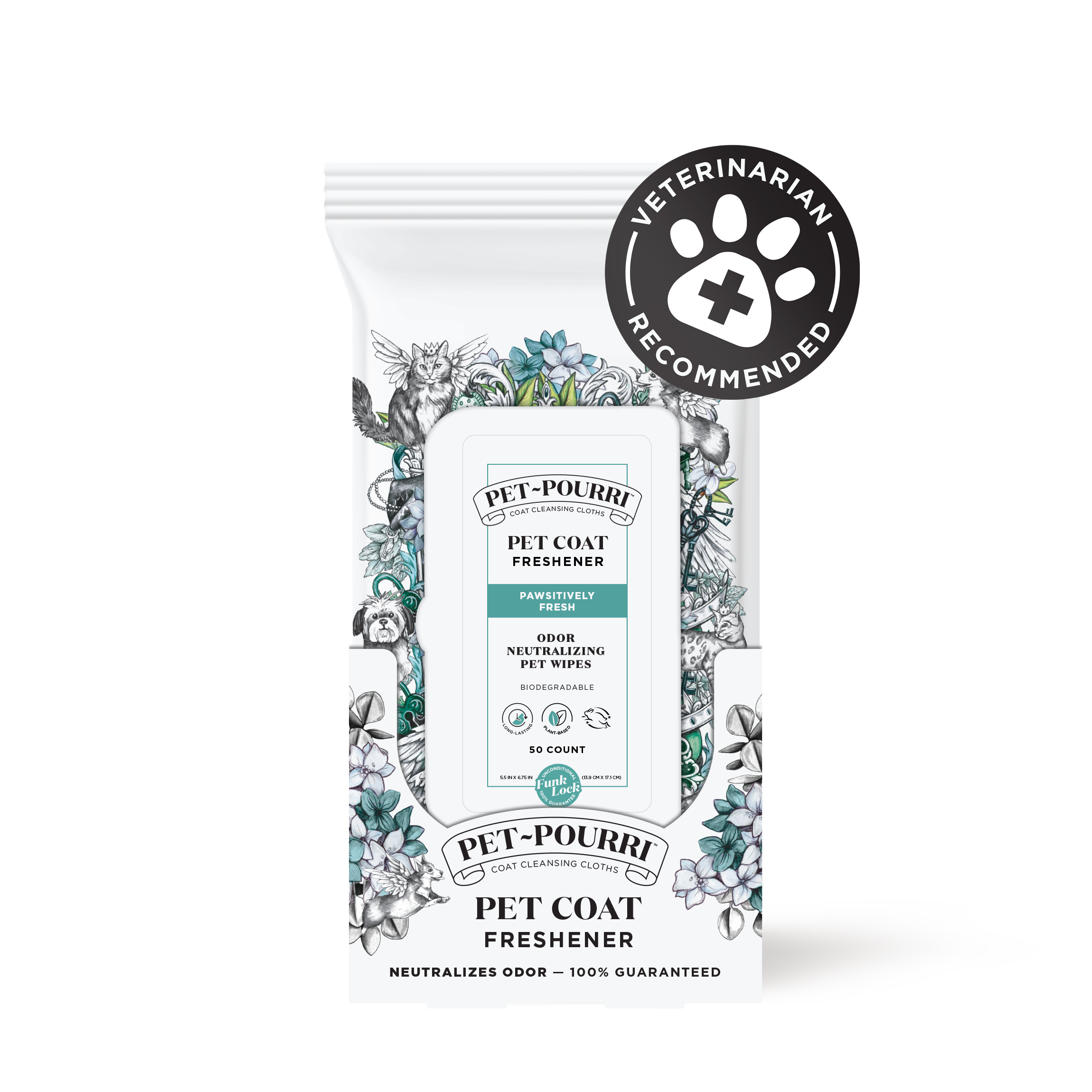 Package of Pawsitively Fresh Wipes - Pet~Pourri with animal illustrations and 50-count label. Infused with Fresh & Clean Formula, these ~Pourri wipes use pet-safe essential oils to effectively freshen pet odors.