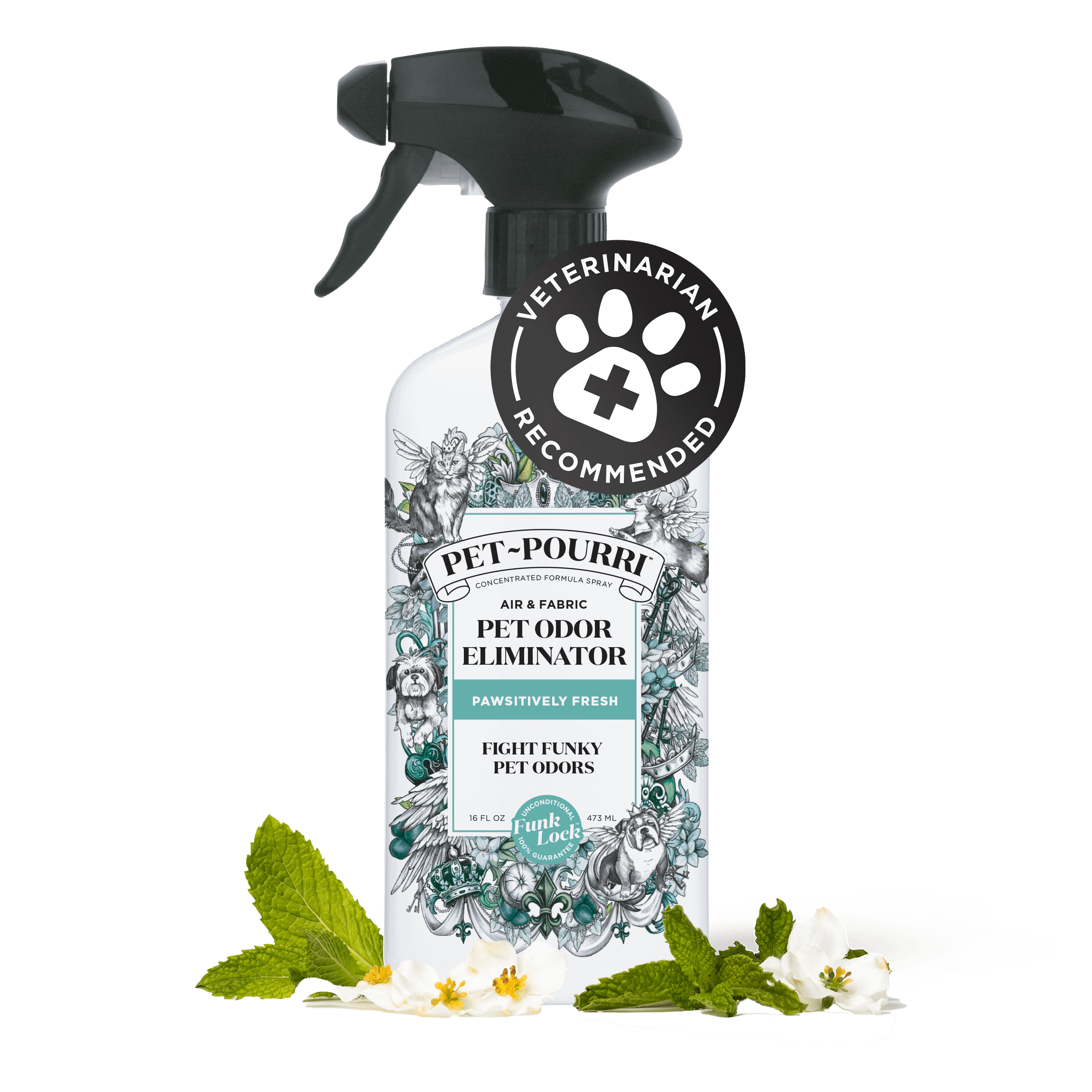 Veterinarian recommended 16oz Pet-Pourri Pawsitively Fresh spray bottle to freshen pet odor.
