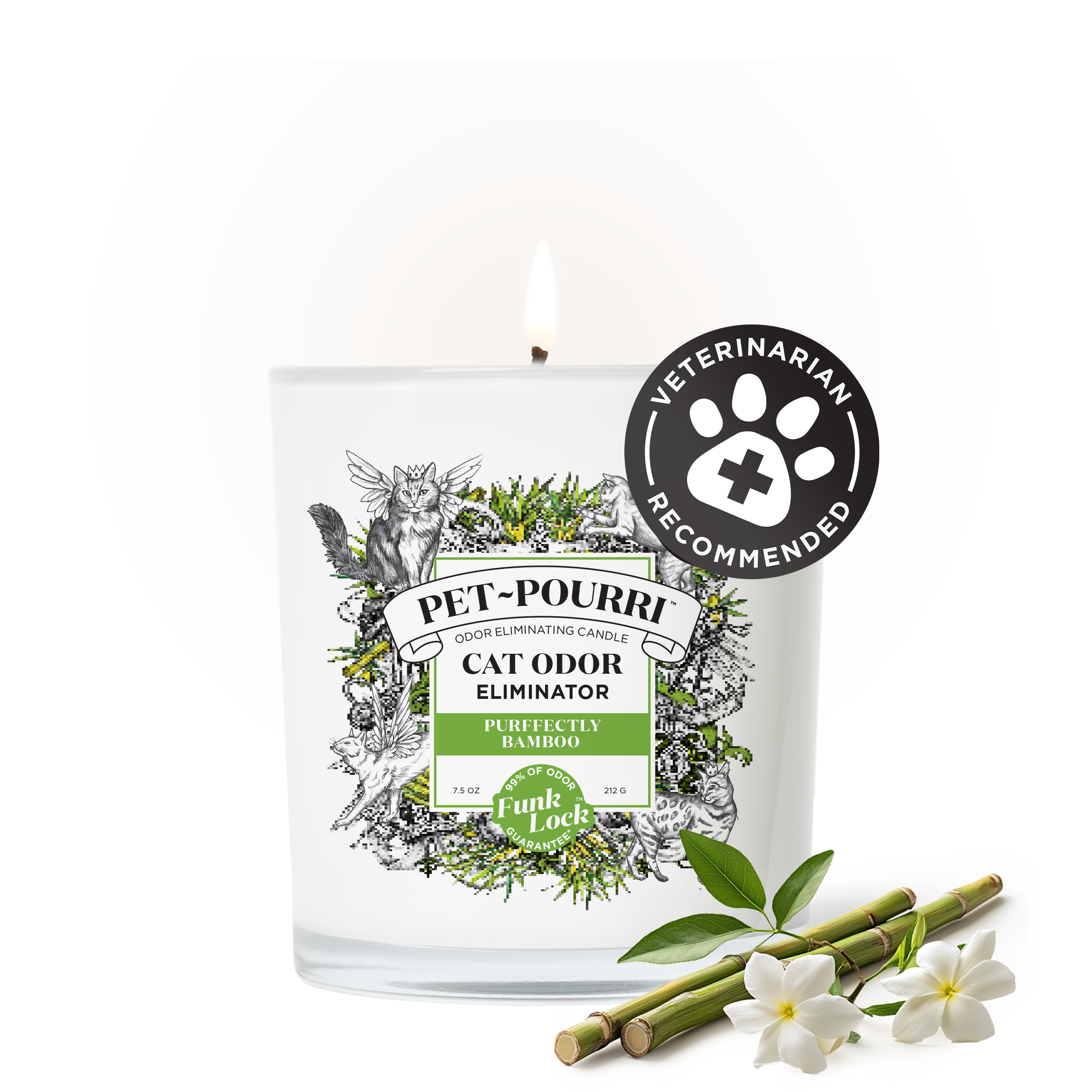 The Purrfectly Bamboo Candle by ~Pourri, labeled Pet~Pourri, is a white candle in a glass jar decorated with animal illustrations. It features pet-safe essential oils and Funk Lock Technology to maintain an inviting space, and includes a black lid for convenience.