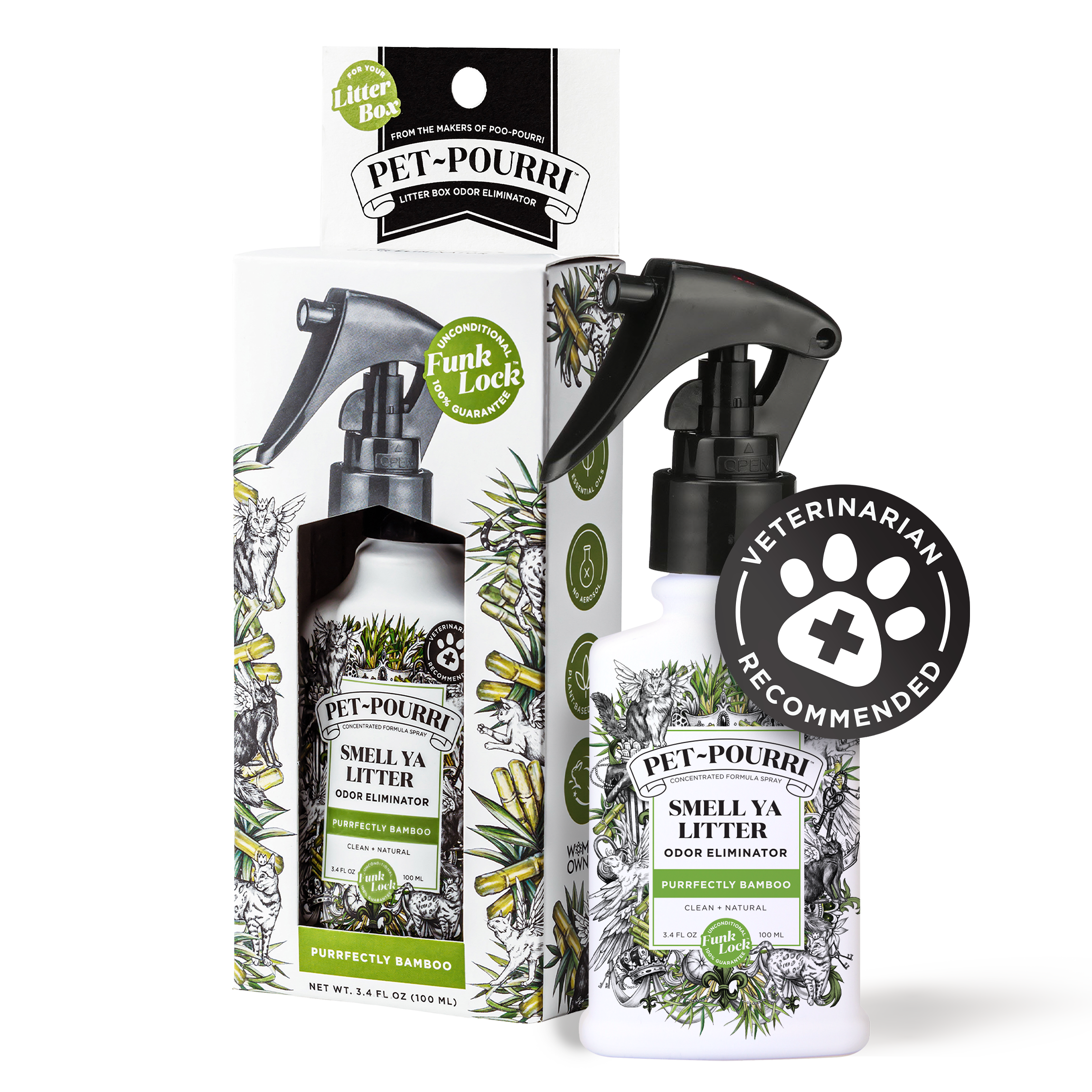 White spray bottle with black nozzle labeled Smell Ya Litter - Pet~Pourri, featuring a bamboo scent to tackle cat odors. Crafted with pet-safe essential oils, it’s by the brand ~Pourri, perfect for refreshing litter boxes.