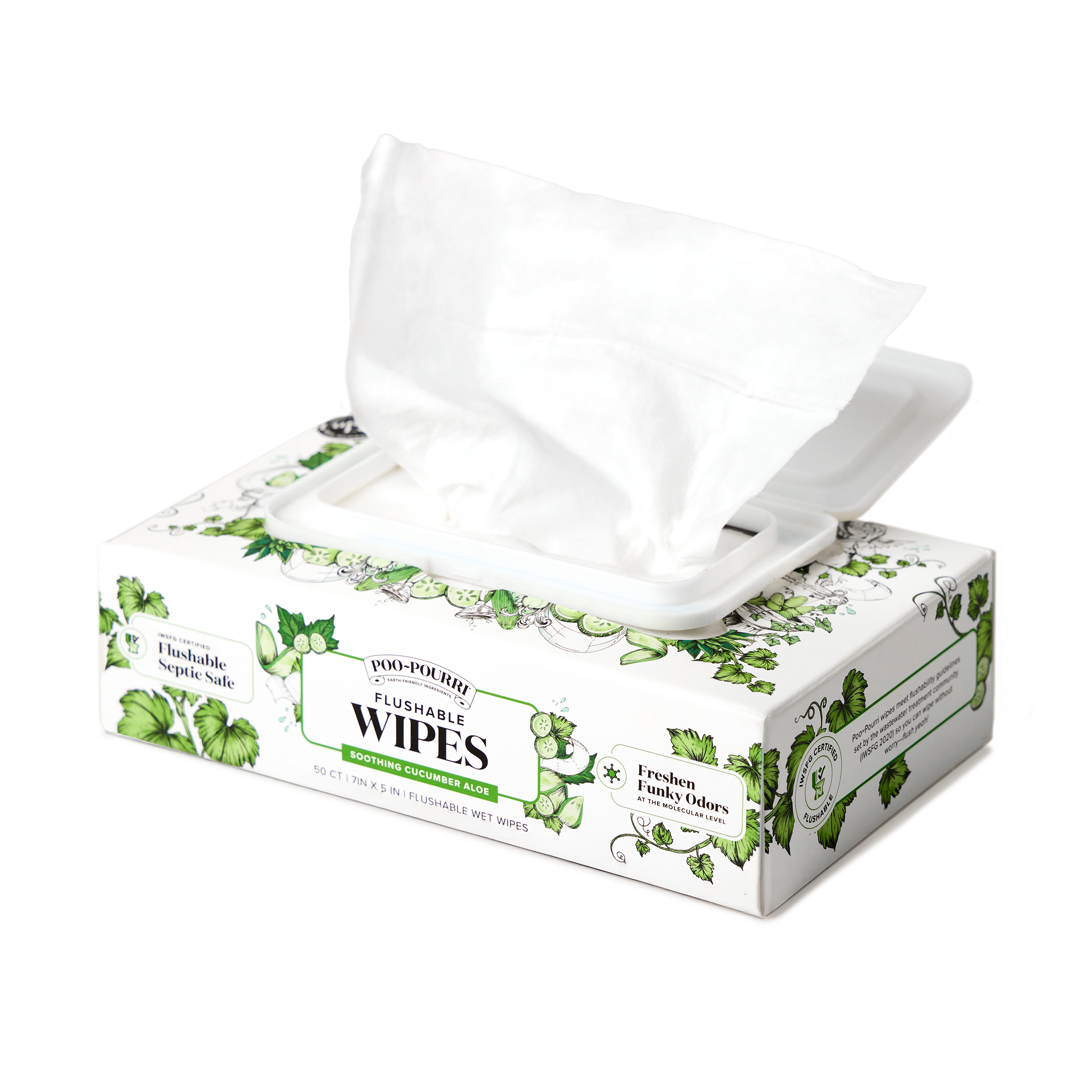 A box of ~Poo-Pourri cucumber aloe Flushable wipes is displayed against a white background. The box has an intricate design with cherubs, toilet paper, and cucumber elements. The packaging emphasizes the product’s ability to be flushable and septic safe, with key details such as 50 wipes, IWSFG certified and that it's ultra soft and soothing butt friendly.