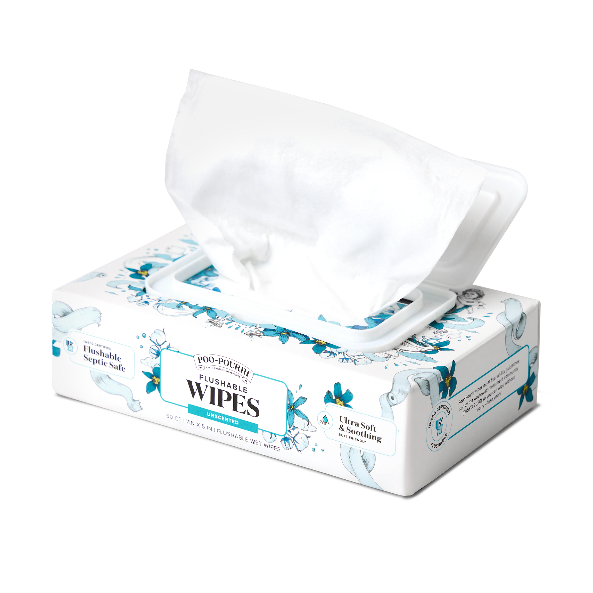 A box of ~Poo-Pourri Unscented Flushable wipes is displayed against a white background. The box has an intricate design with cherubs, toilet paper, and flower elements. The packaging emphasizes the product’s ability to be flushable and septic safe, with key details such as 50ct, IWSFG certified and that it's ultra soft and soothing butt friendly.
