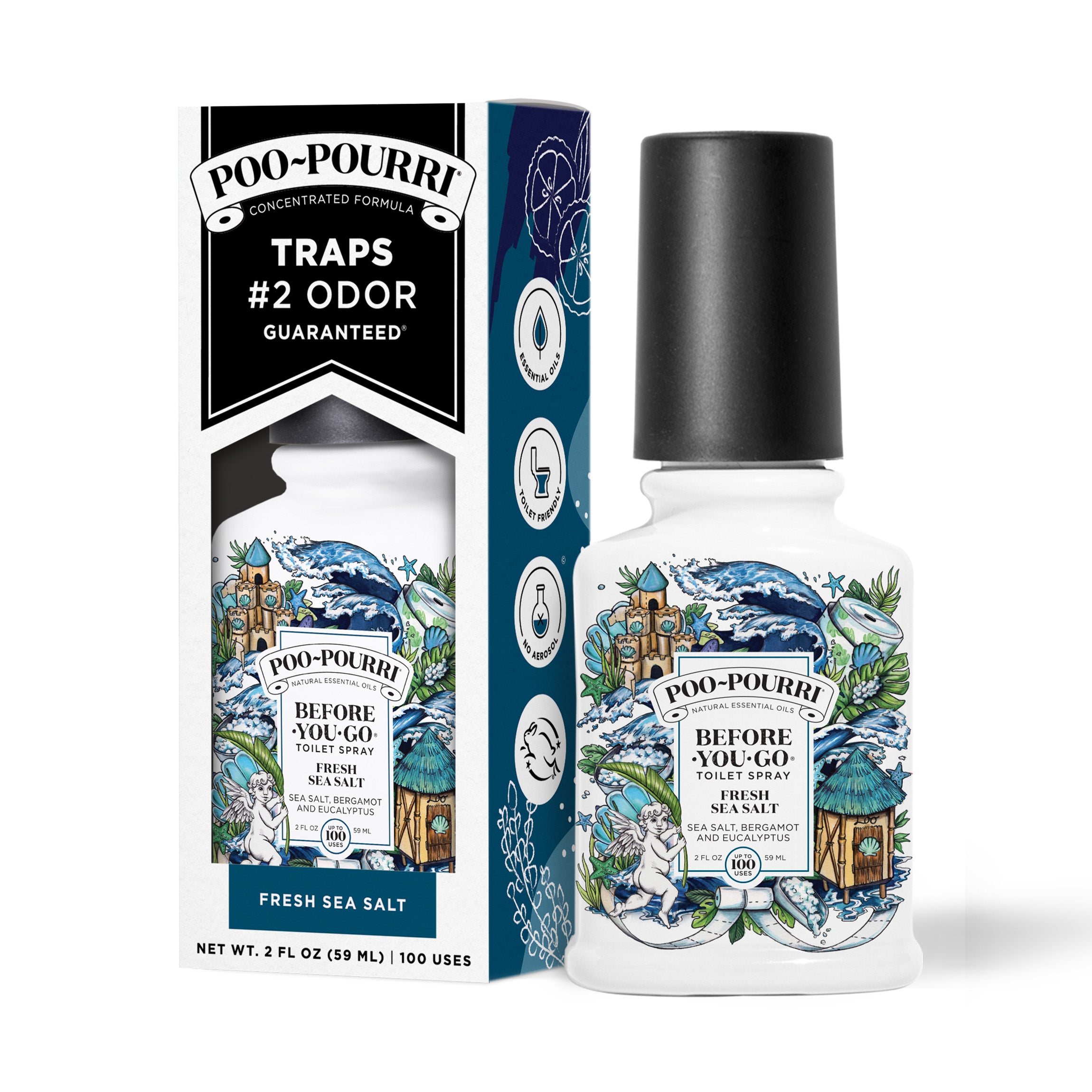 A ~Poo-Pourri “Before You Go” toilet spray in the Fresh Sea Salt scent is displayed alongside its packaging against a white background. The bottle features an ornate label with cherubs, toilet paper, and beach elements. The packaging highlights key product benefits, including its ability to trap odors, the use of essential oils, and the absence of aerosols. The scent is described as a blend of sea salt, bergamot, and eucalyptus. The bottle contains 2 fl oz (59 ml) for up to 100 uses.