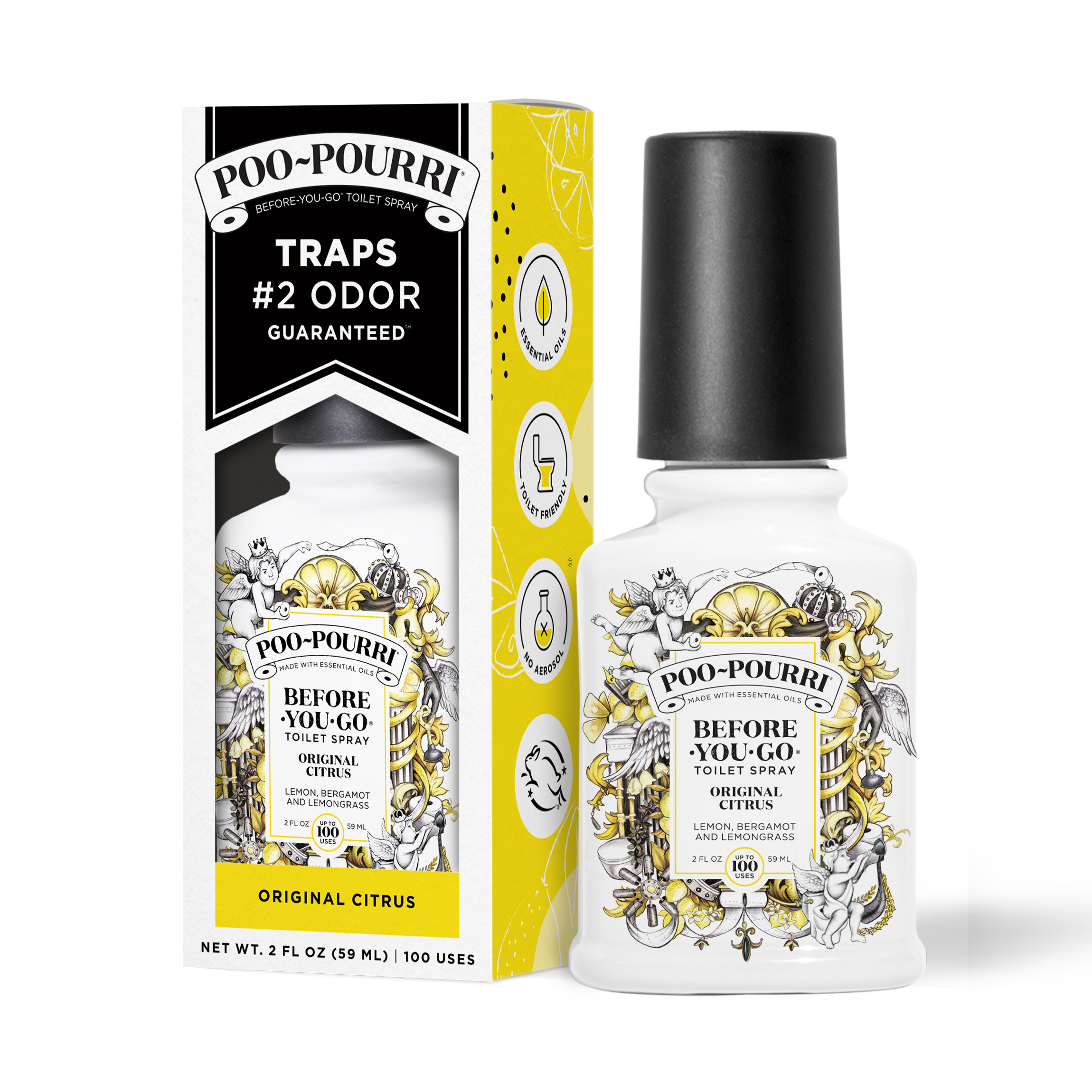 A ~Poo-Pourri “Before You Go” toilet spray in the Original Citrus scent is displayed alongside its packaging against a white background. The bottle features an ornate label with cherubs, toilet paper, and botanical elements. The packaging highlights key product benefits, including its ability to trap odors, the use of essential oils, and the absence of aerosols. The scent is described as a blend of lemon, bergamot, and lemongrass. The bottle contains 2 fl oz (59 ml) for up to 100 uses.