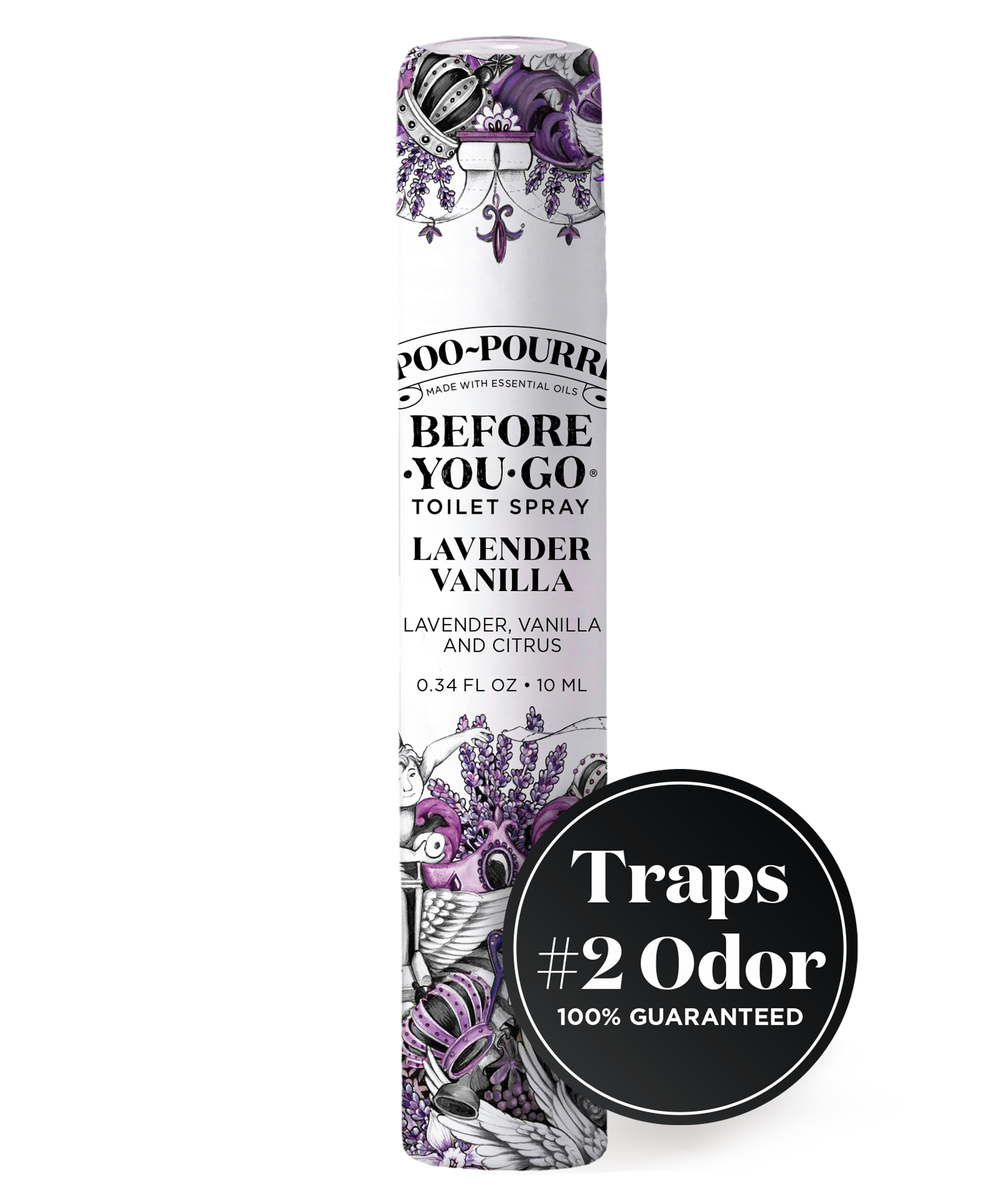 A Poo-Pourri Before-You-Go Toilet Spray in Lavender Vanilla scent, contained in a slim, travel-sized 0.34 fl oz (10 ml) bottle. The white packaging features intricate black and purple illustrations of lavender, cherubs, and toilet paper. The label highlights key ingredients—lavender, vanilla, and citrus. A black circular badge near the bottom emphasizes the product’s ability to ‘Trap #2 Odor 100% Guaranteed’.