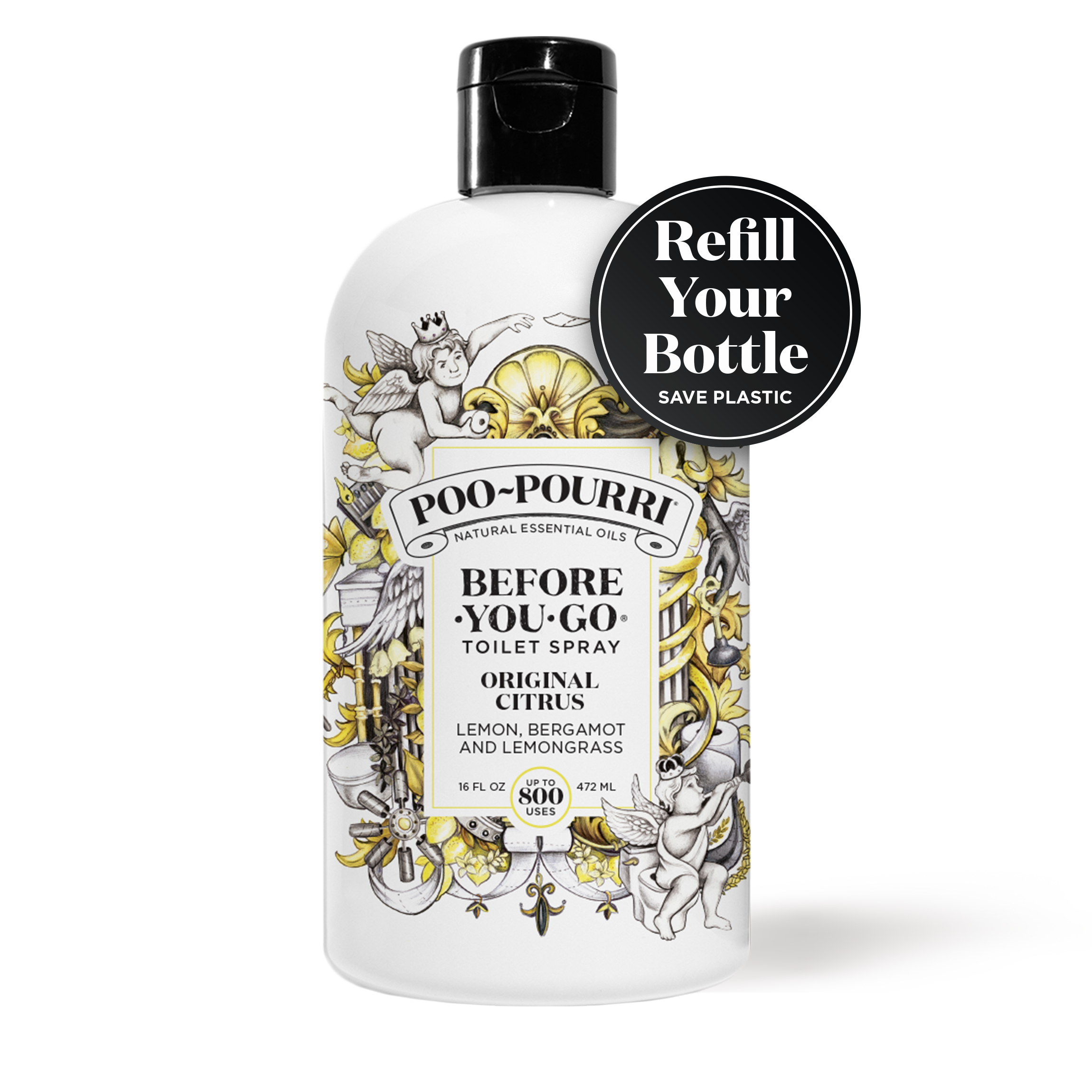 A refill bottle of ~Poo-Pourri “Before You Go” toilet spray in the Original Citrus scent is displayed against a white background. The bottle features an ornate label with cherubs, toilet paper, and botanical elements. The image highlights: refill your bottle save plastic. The scent is described as a blend of lemon, bergamot, and lemongrass. The bottle contains 16 fl oz (472 ml) for up to 800 uses.