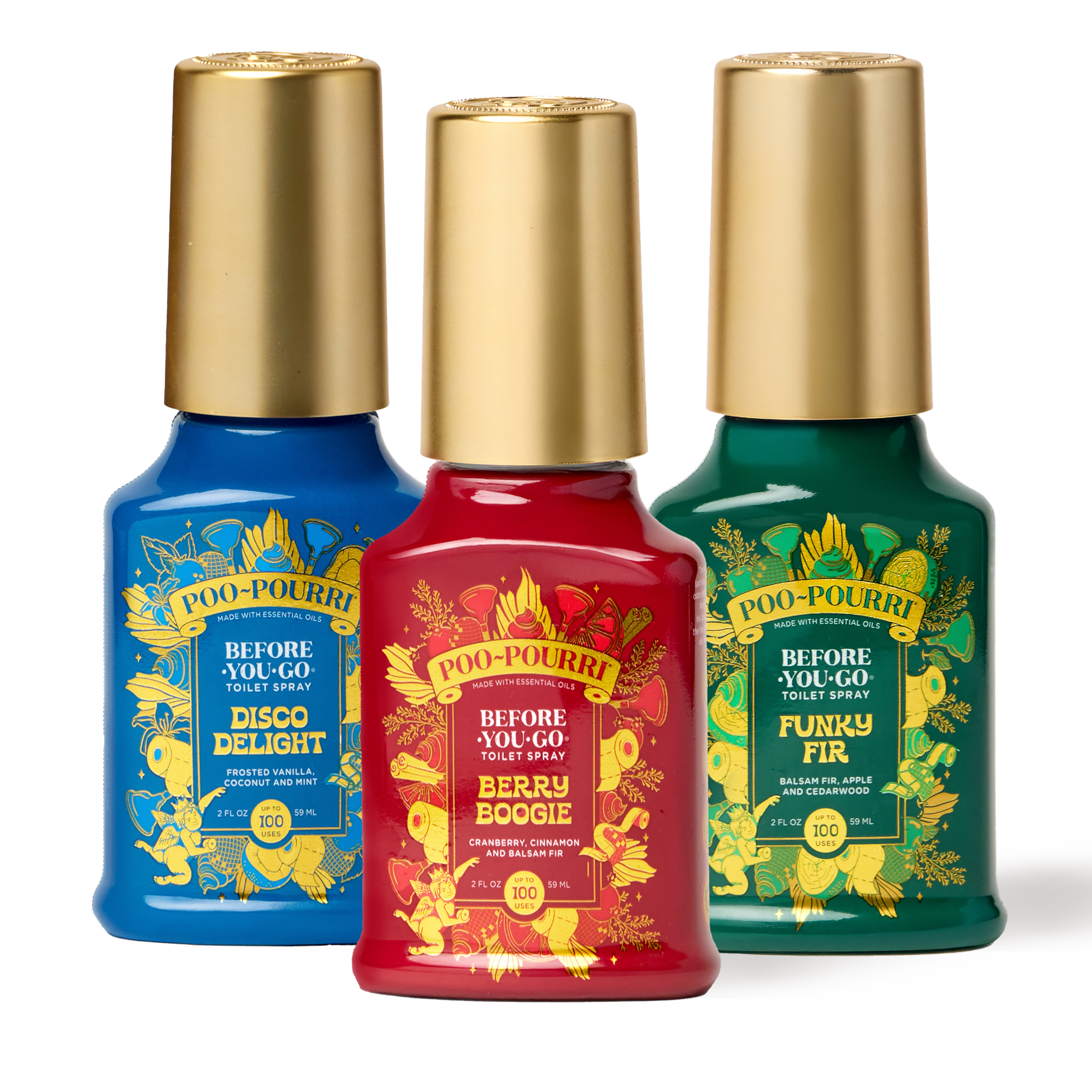 Disco Delight, Berry Boogie, and Funky Fir Poo~Pourri Toilet Spray bottles.